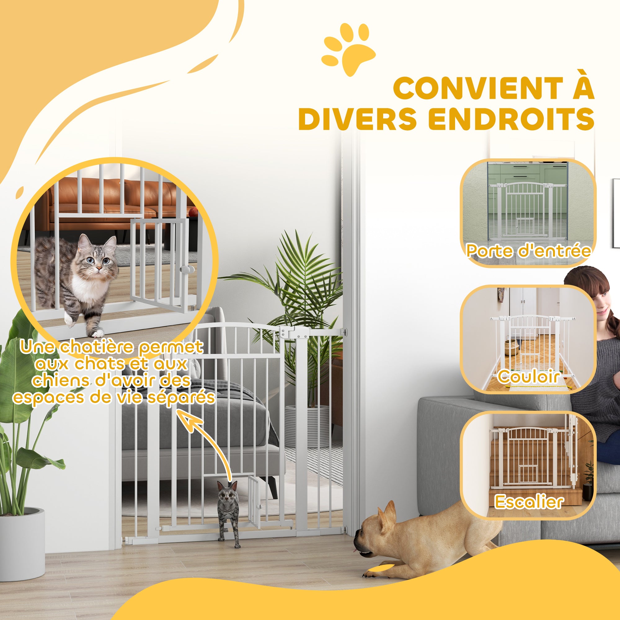 Extensible Dog Safety Barrier 76-104 x 77 cm, stair and door barrier with double locking system, pressure or drilling mounting, dog and cat barrier, white