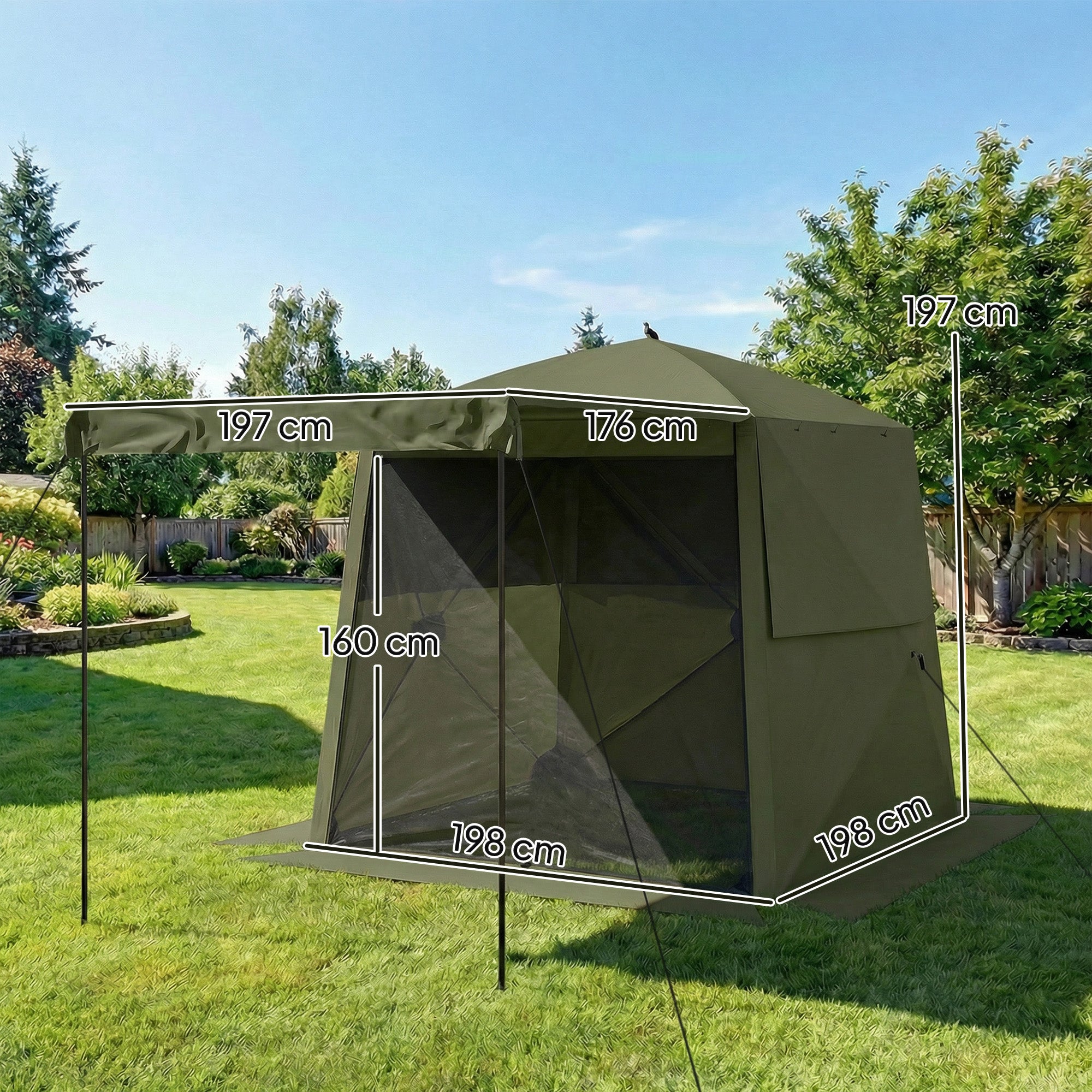 2 x 2 m (6.6 x 6.6 ft) Waterproof, Stable All-Season Pop-Up Gazebo — 4 Side Panels, Mesh Windows, Extendable Front Awning, UPF 30+, Foldable Party & Garden Tent — Green