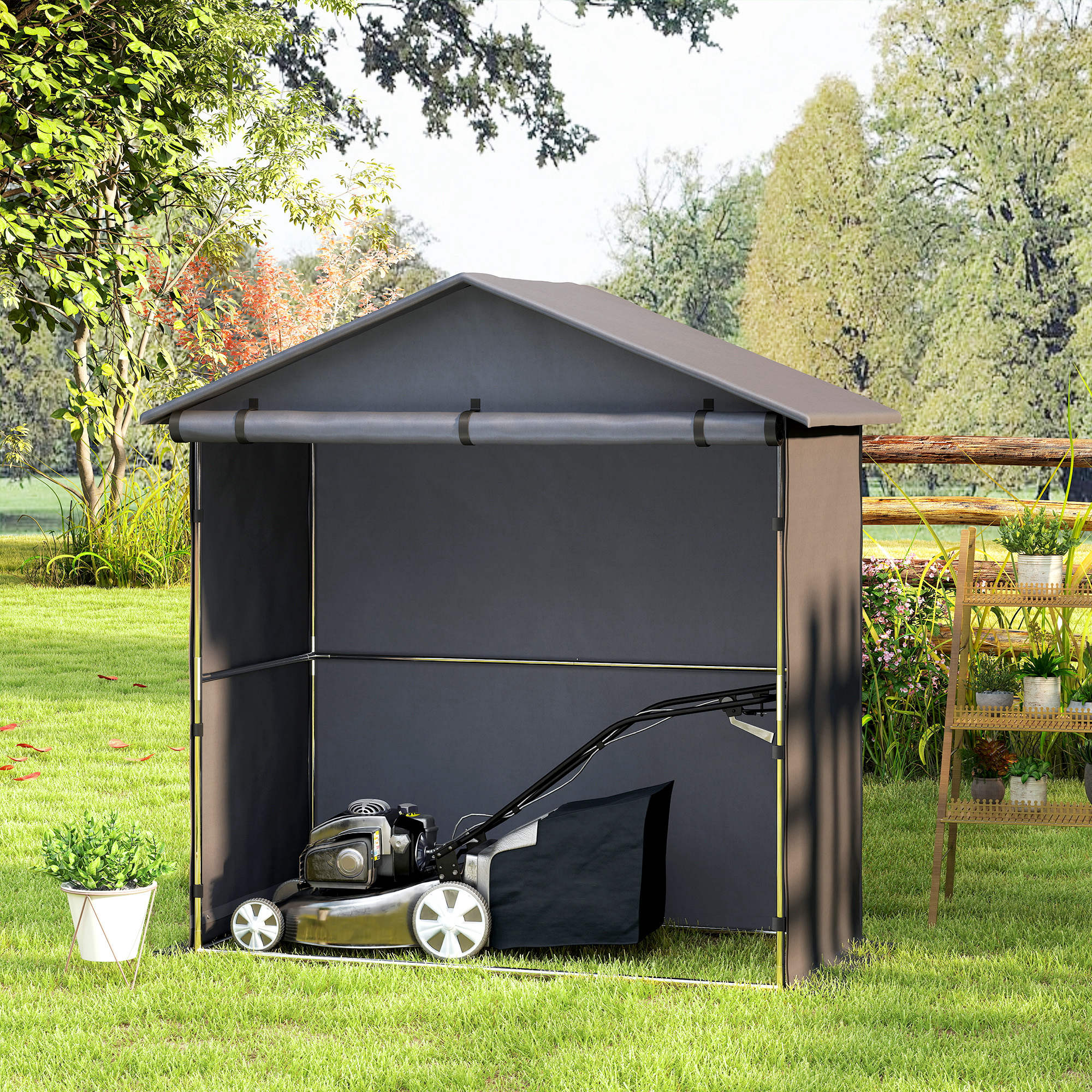 Garage Tent 1.1x2m with Roll-up Entrance, Ropes and Pegs, Zinc-Coated Steel and 420D Oxford Outdoor Garage for Bikes and Gardening Tools, UV30+, Dark Grey