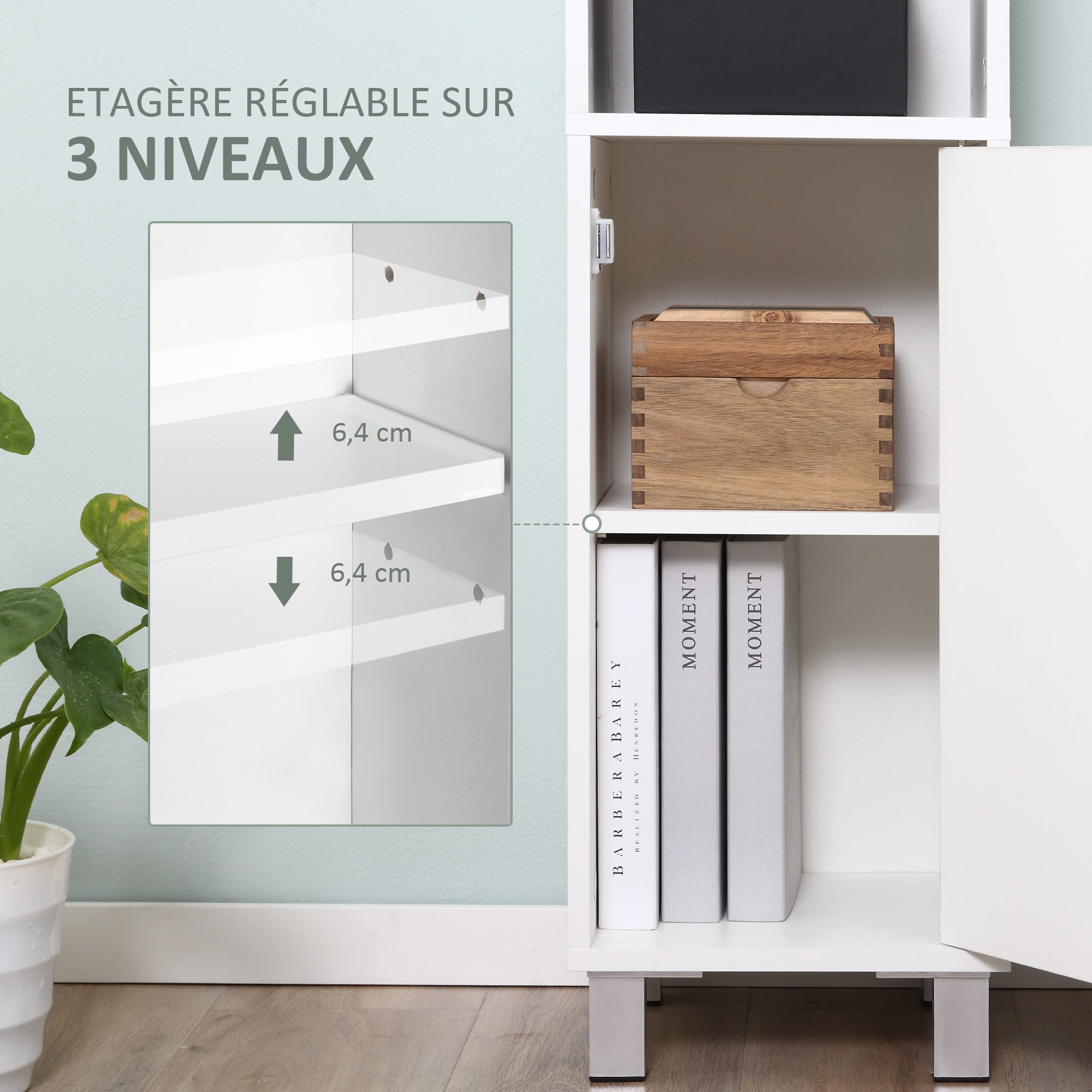 Bathroom Storage Tower, Tall Bathroom Cabinet, Storage Unit, 2 Cabinets (1 with Mirror), 6 Shelves, Adjustable Shelves, 30 x 28 x 180 cm, White