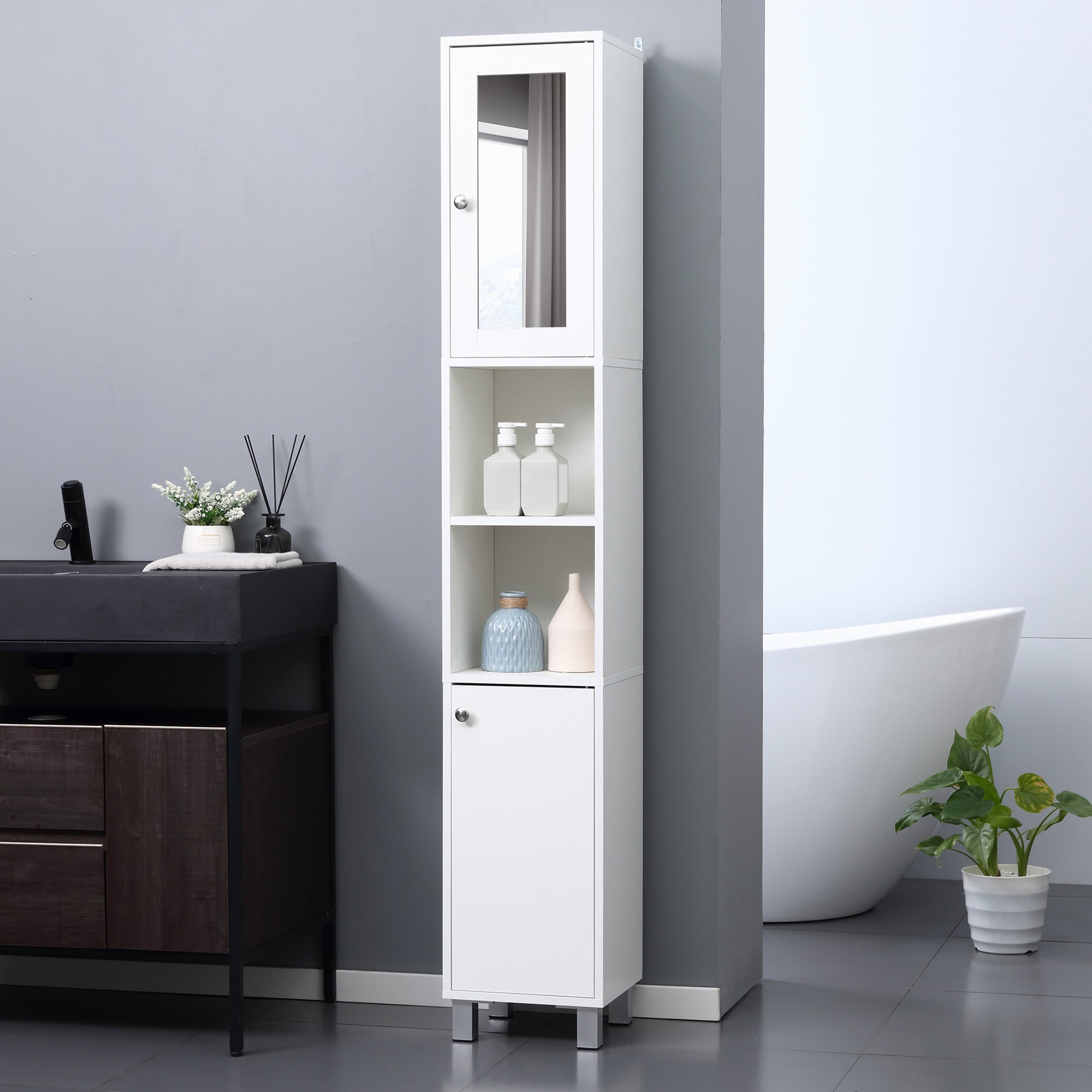 Bathroom Storage Tower, Tall Bathroom Cabinet, Storage Unit, 2 Cabinets (1 with Mirror), 6 Shelves, Adjustable Shelves, 30 x 28 x 180 cm, White