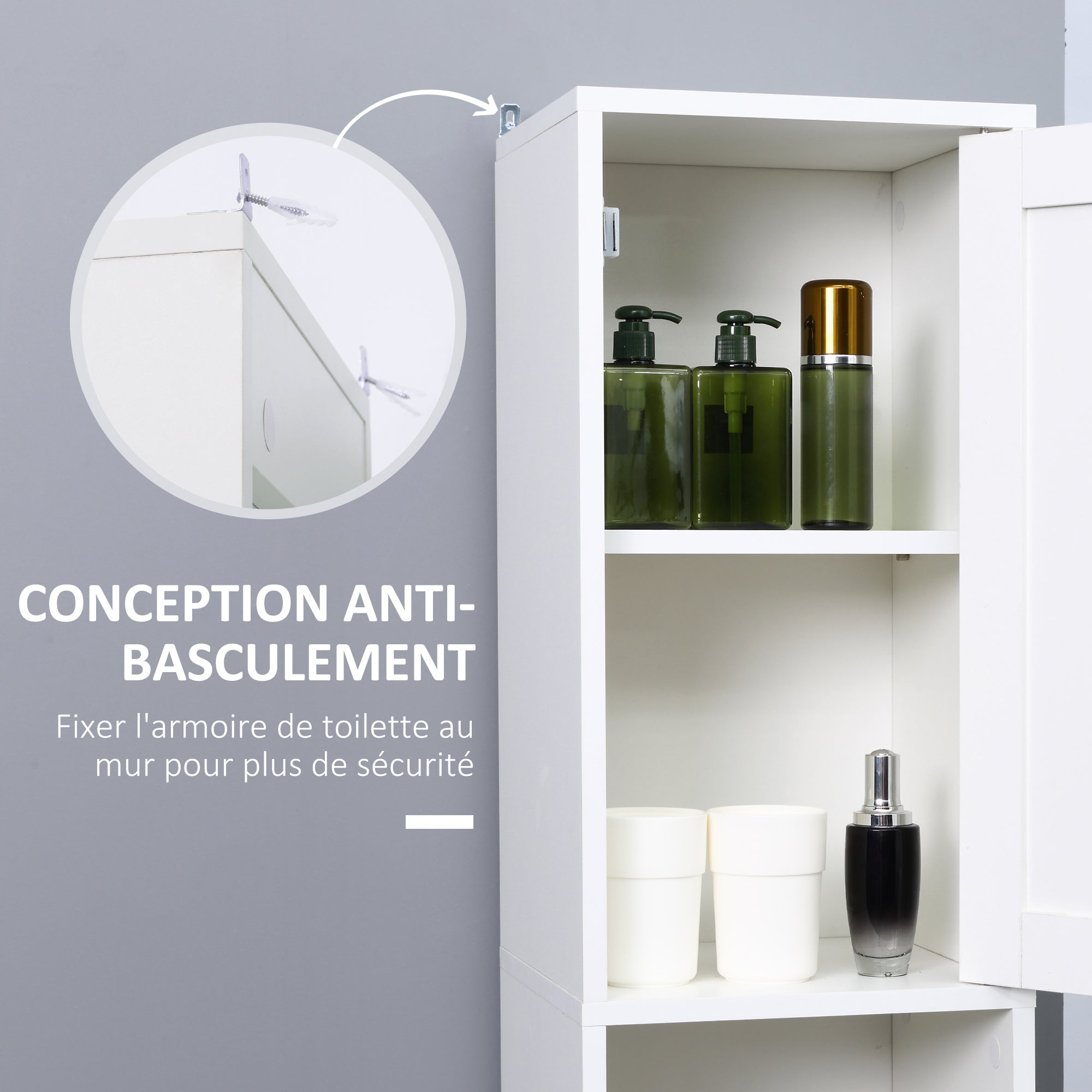 Bathroom Storage Tower, Tall Bathroom Cabinet, Storage Unit, 2 Cabinets (1 with Mirror), 6 Shelves, Adjustable Shelves, 30 x 28 x 180 cm, White