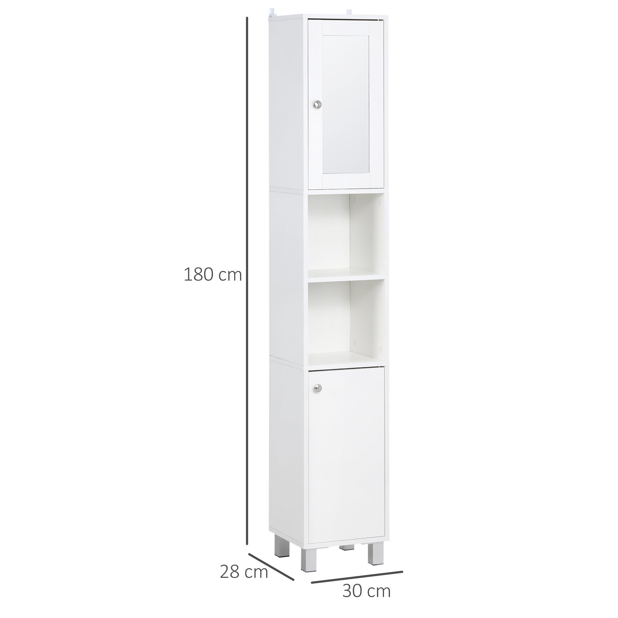 Bathroom Storage Tower, Tall Bathroom Cabinet, Storage Unit, 2 Cabinets (1 with Mirror), 6 Shelves, Adjustable Shelves, 30 x 28 x 180 cm, White