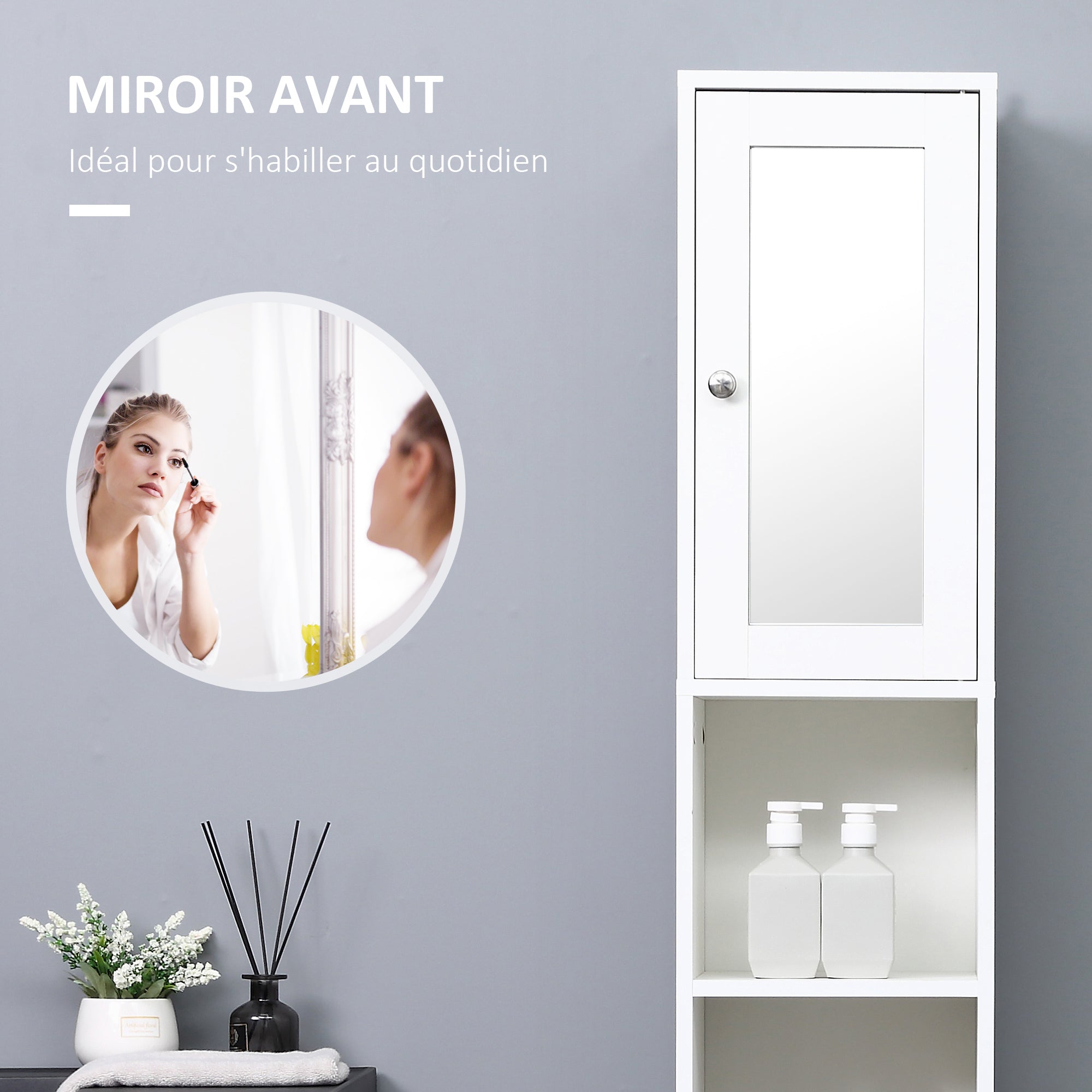 Bathroom Storage Tower, Tall Bathroom Cabinet, Storage Unit, 2 Cabinets (1 with Mirror), 6 Shelves, Adjustable Shelves, 30 x 28 x 180 cm, White