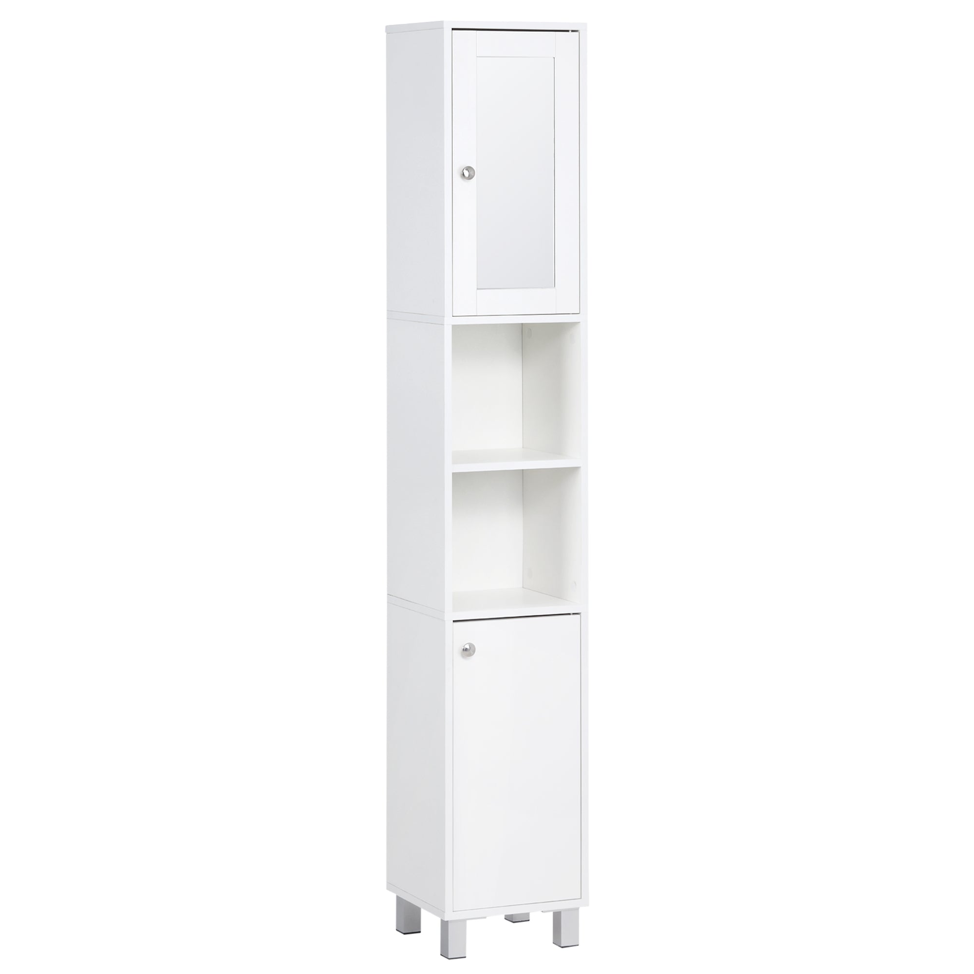 Bathroom Storage Tower, Tall Bathroom Cabinet, Storage Unit, 2 Cabinets (1 with Mirror), 6 Shelves, Adjustable Shelves, 30 x 28 x 180 cm, White