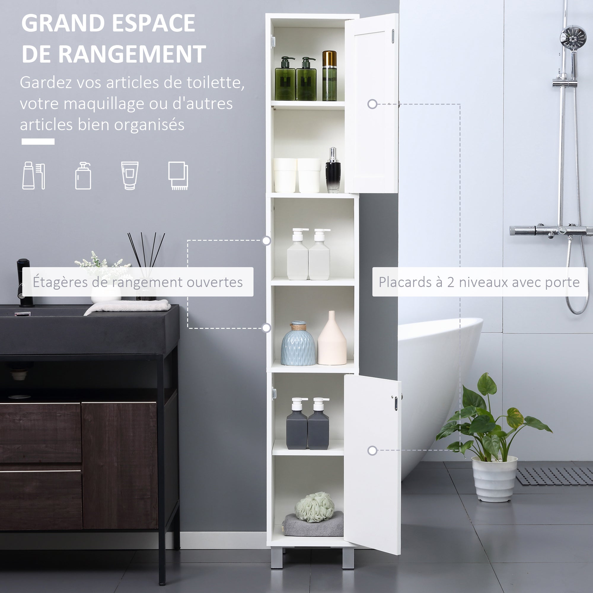 Bathroom Storage Tower, Tall Bathroom Cabinet, Storage Unit, 2 Cabinets (1 with Mirror), 6 Shelves, Adjustable Shelves, 30 x 28 x 180 cm, White