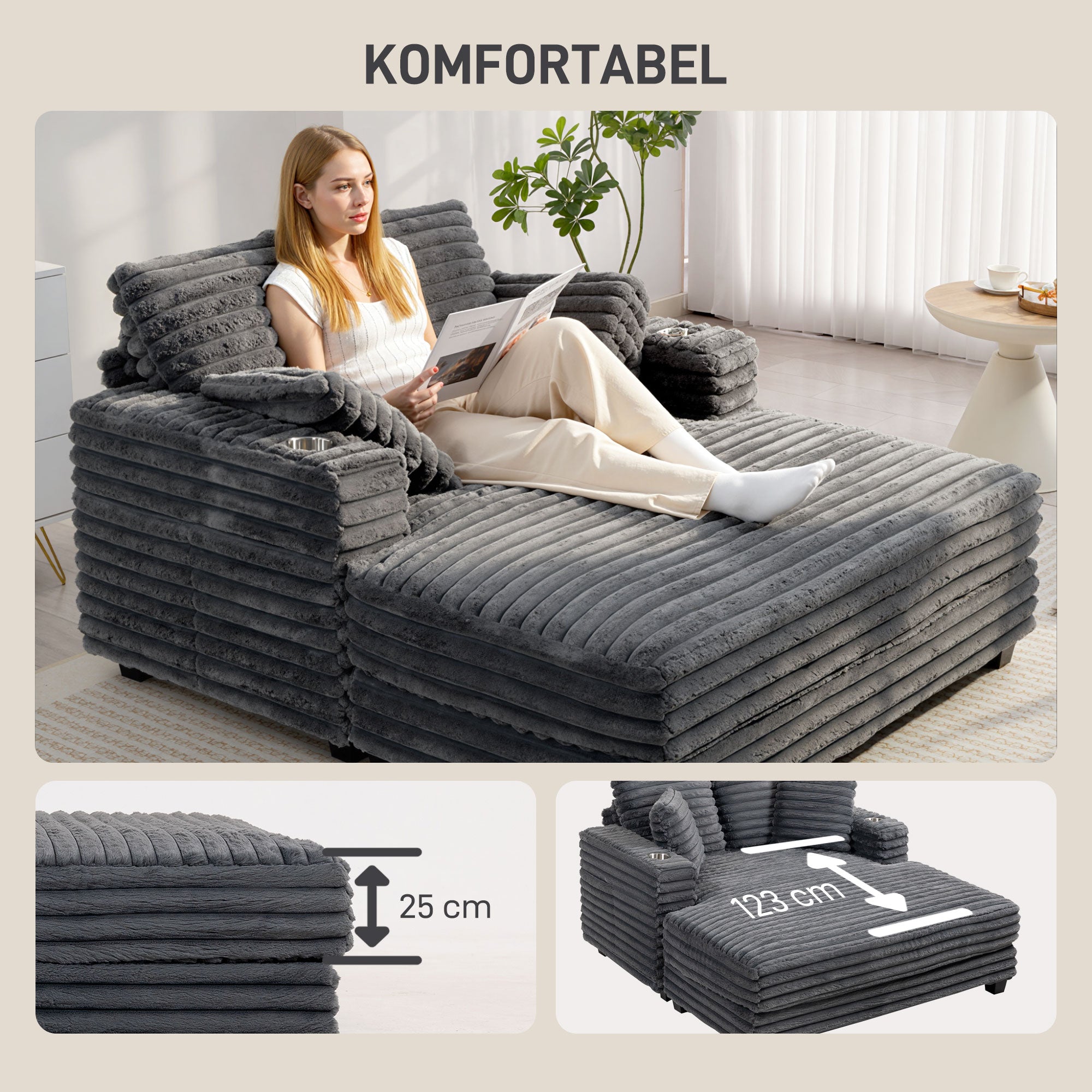 2-Seater Sofa Bed with Chaise, Gray Corduroy, Throw Pillows, Armrests & Cup Holders – 53" x 59"
