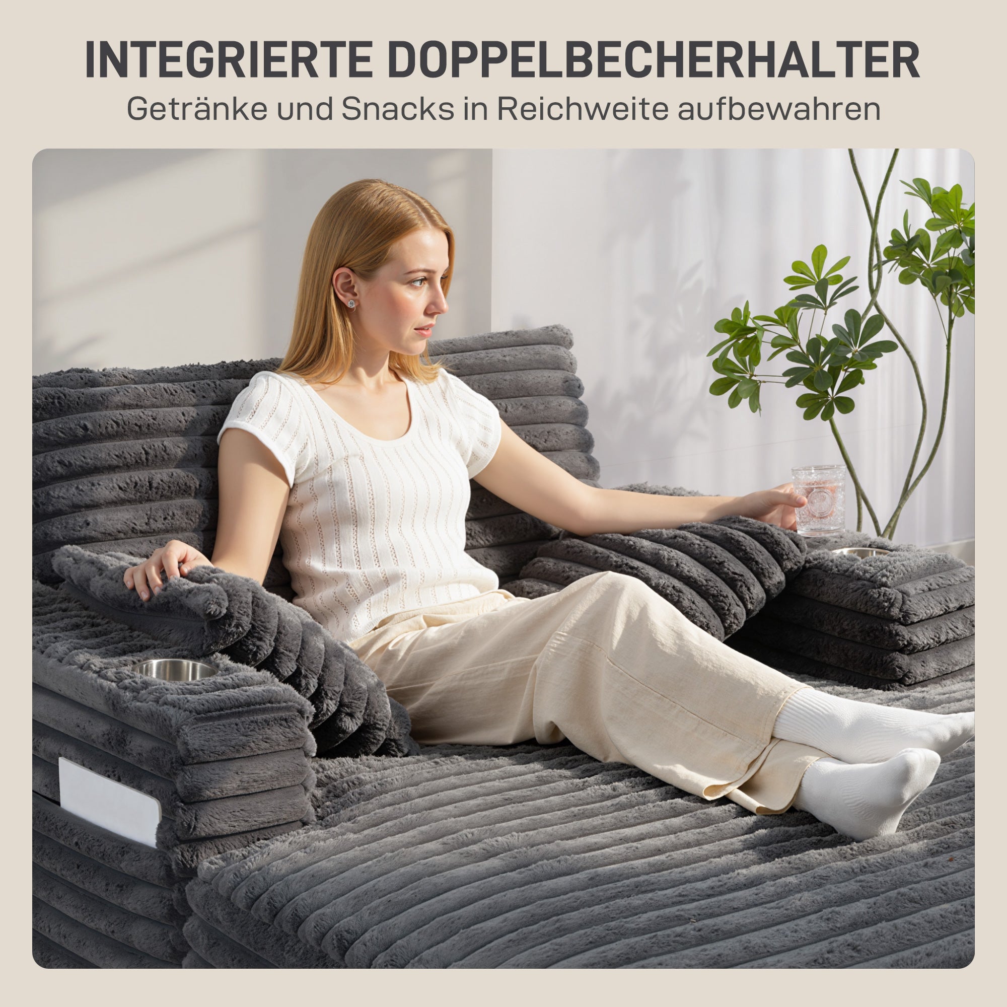 2-Seater Sofa Bed with Chaise, Gray Corduroy, Throw Pillows, Armrests & Cup Holders – 53" x 59"