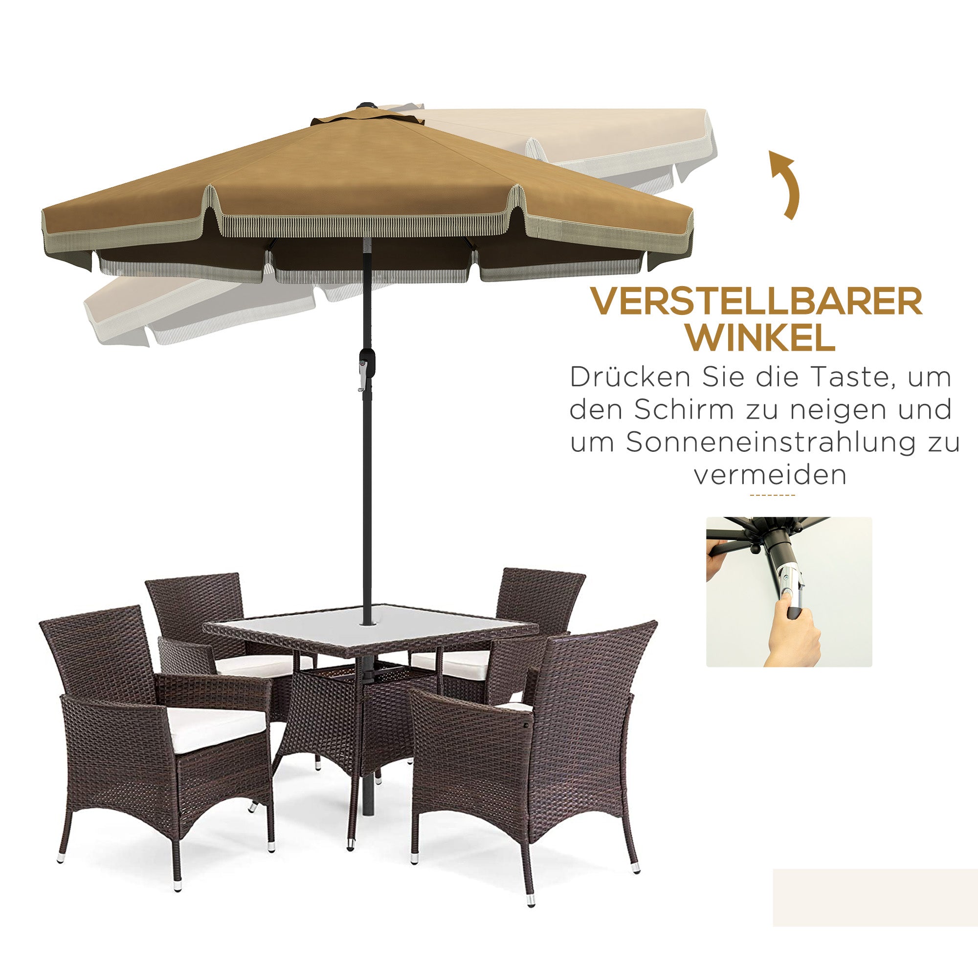 Sun Umbrella, Ø265 cm Patio Umbrella with Fringe, Tiltable Beach Umbrella with 8 Ribs, for Garden, Balcony, Khaki
