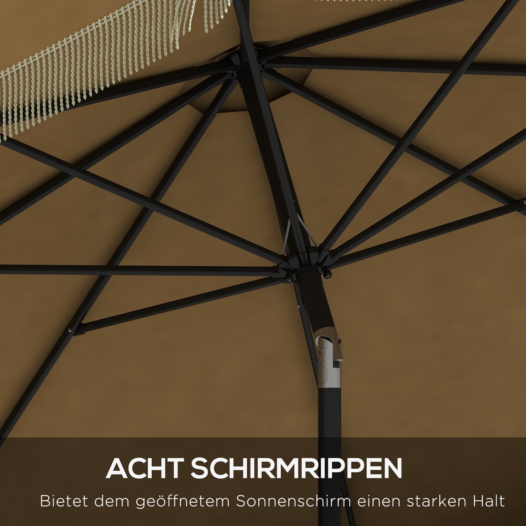 Sun Umbrella, Ø265 cm Patio Umbrella with Fringe, Tiltable Beach Umbrella with 8 Ribs, for Garden, Balcony, Khaki