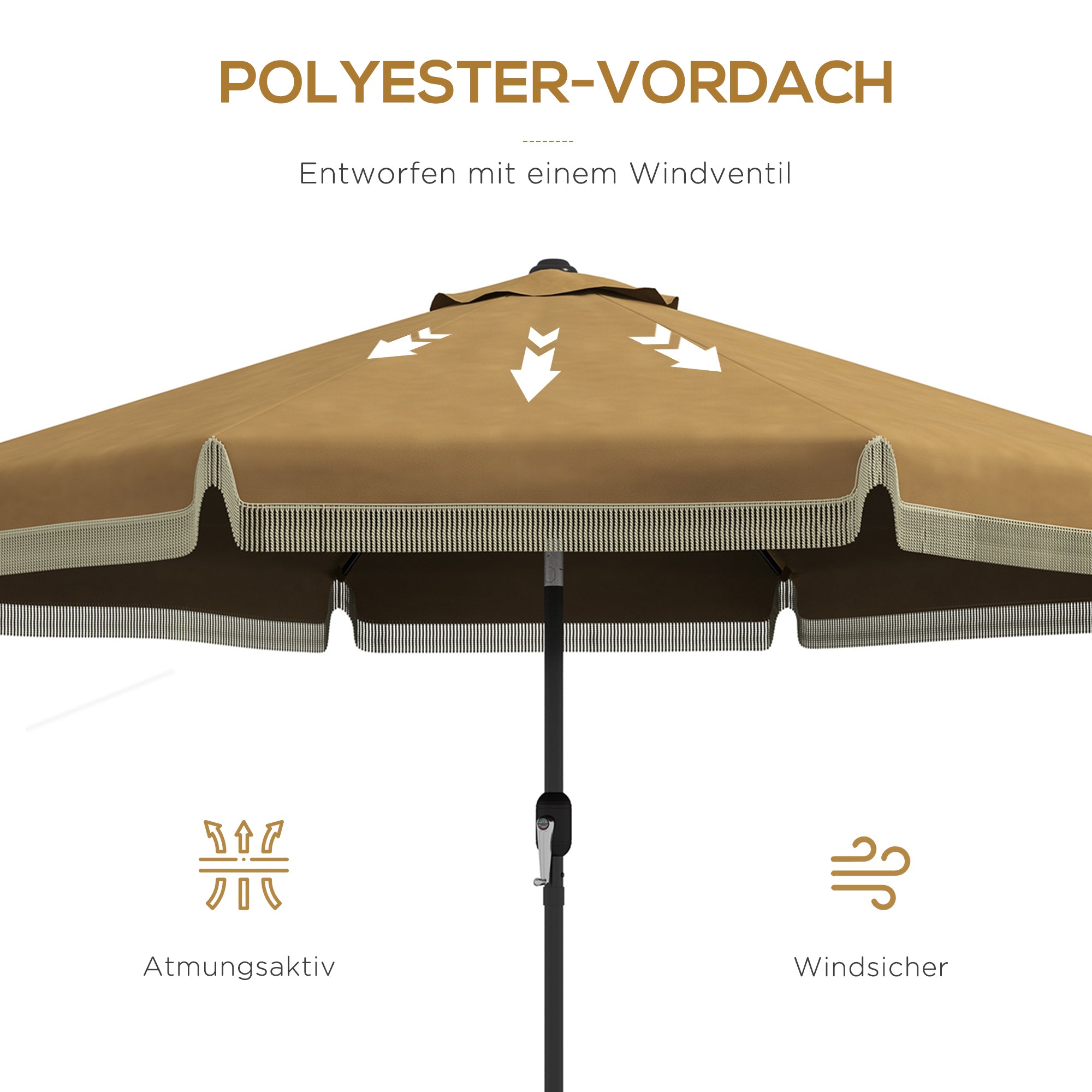 Sun Umbrella, Ø265 cm Patio Umbrella with Fringe, Tiltable Beach Umbrella with 8 Ribs, for Garden, Balcony, Khaki