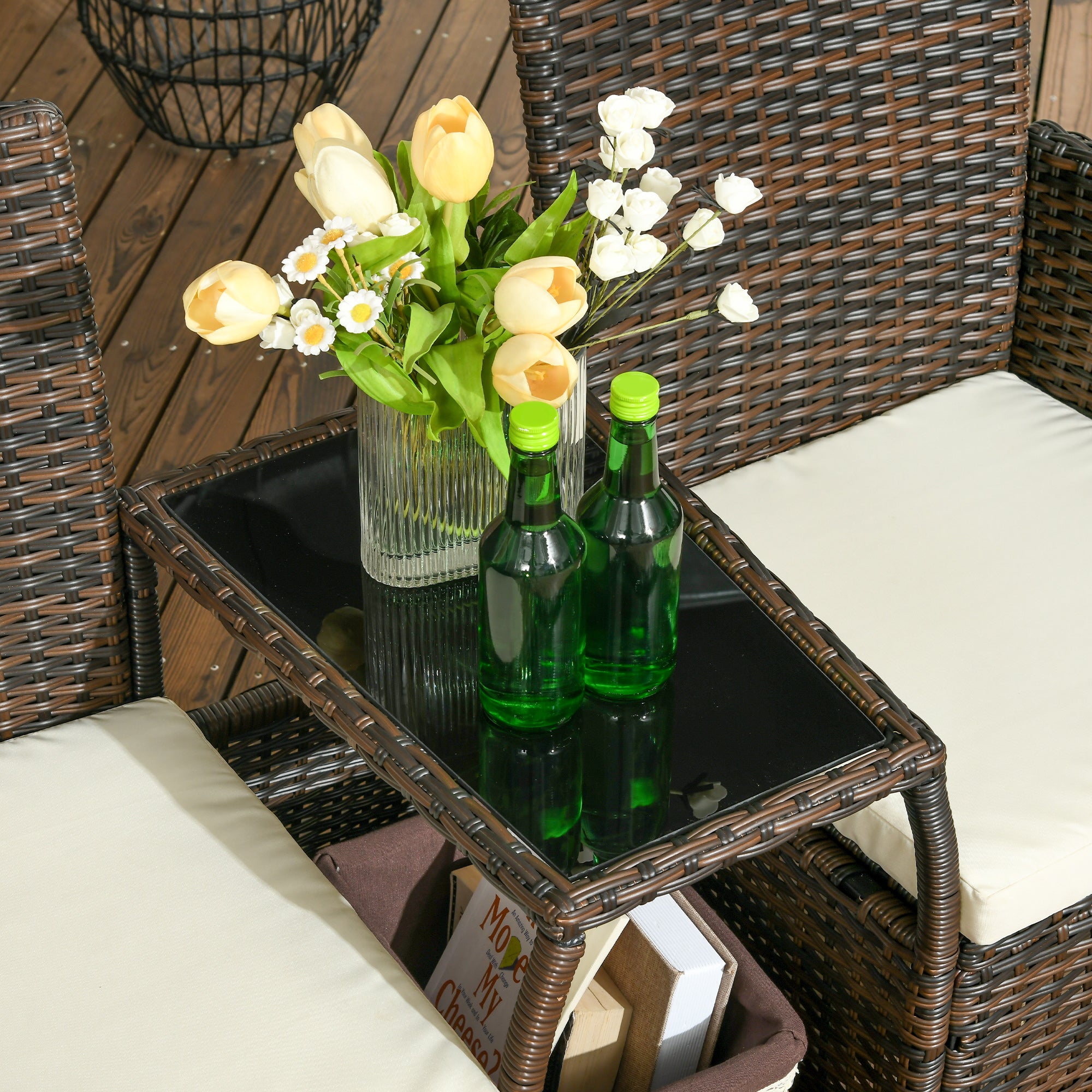 2 Modern Rattan Garden Chairs with Removable Cushions and Coffee Table with Tempered Glass Top, 138x60x87 cm, Brown