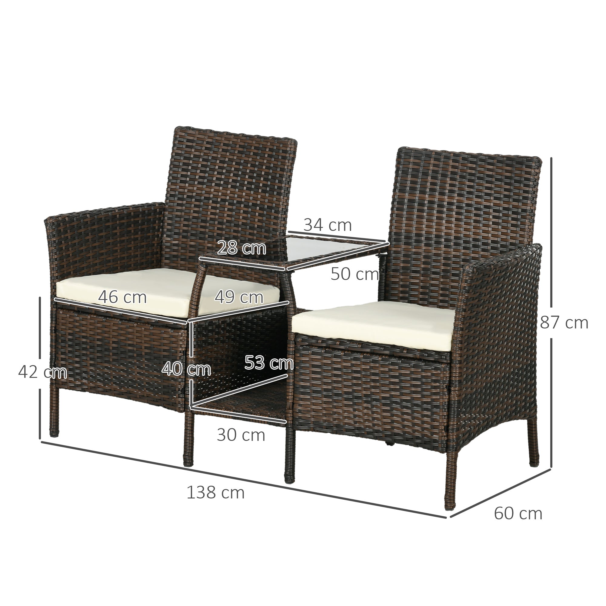 2 Modern Rattan Garden Chairs with Removable Cushions and Coffee Table with Tempered Glass Top, 138x60x87 cm, Brown