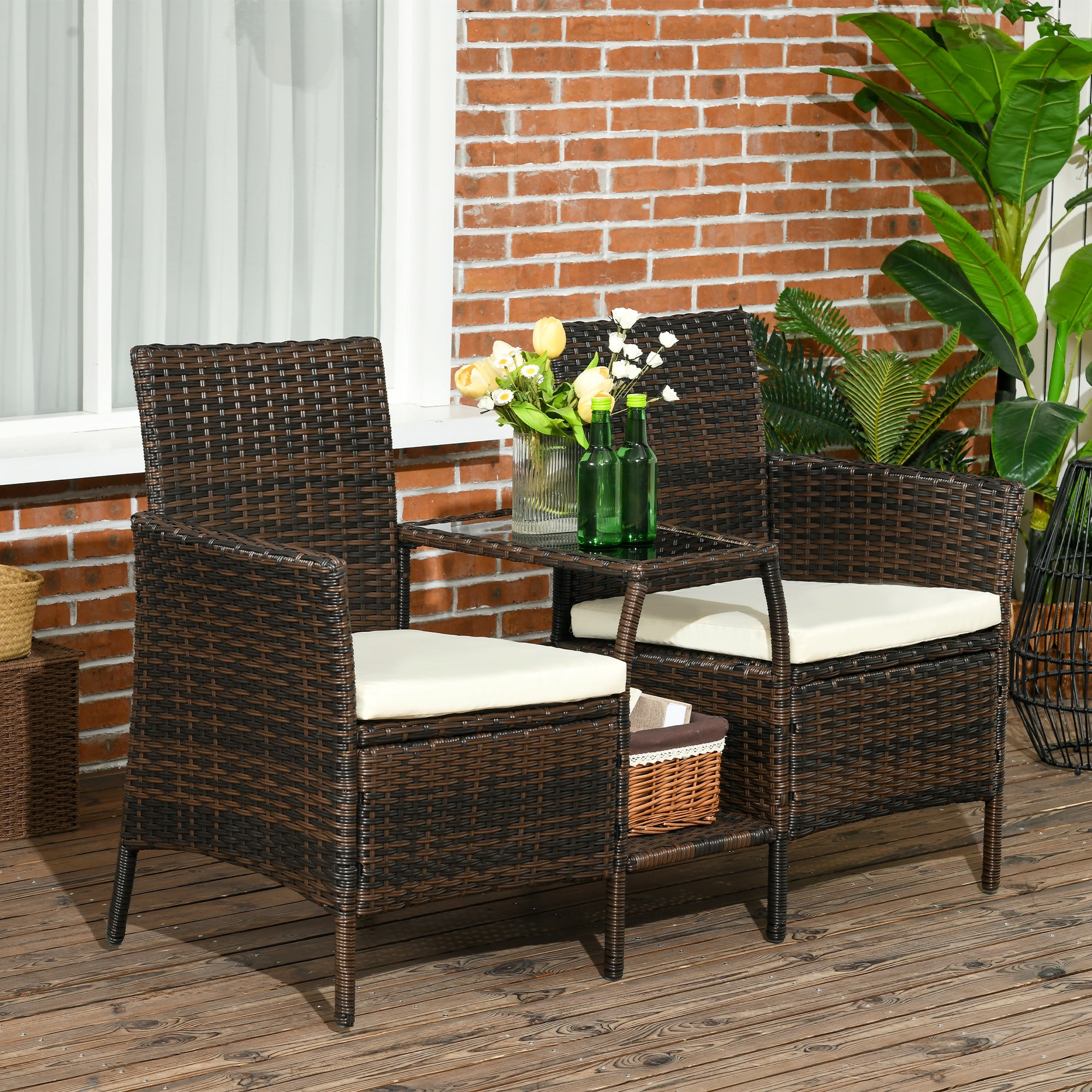 2 Modern Rattan Garden Chairs with Removable Cushions and Coffee Table with Tempered Glass Top, 138x60x87 cm, Brown