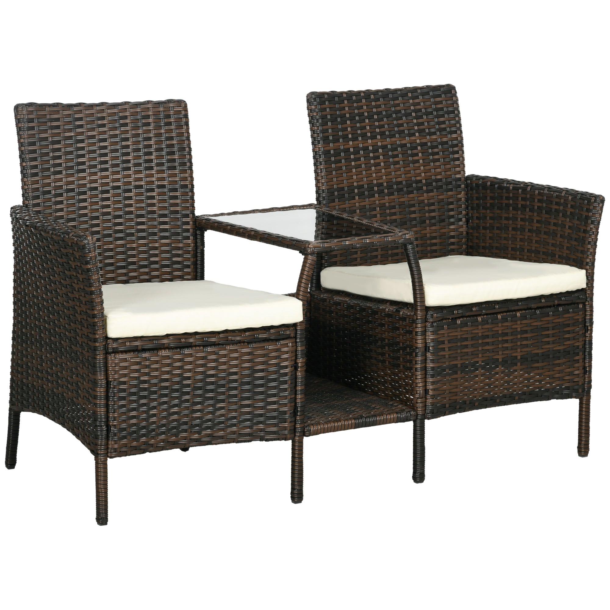 2 Modern Rattan Garden Chairs with Removable Cushions and Coffee Table with Tempered Glass Top, 138x60x87 cm, Brown