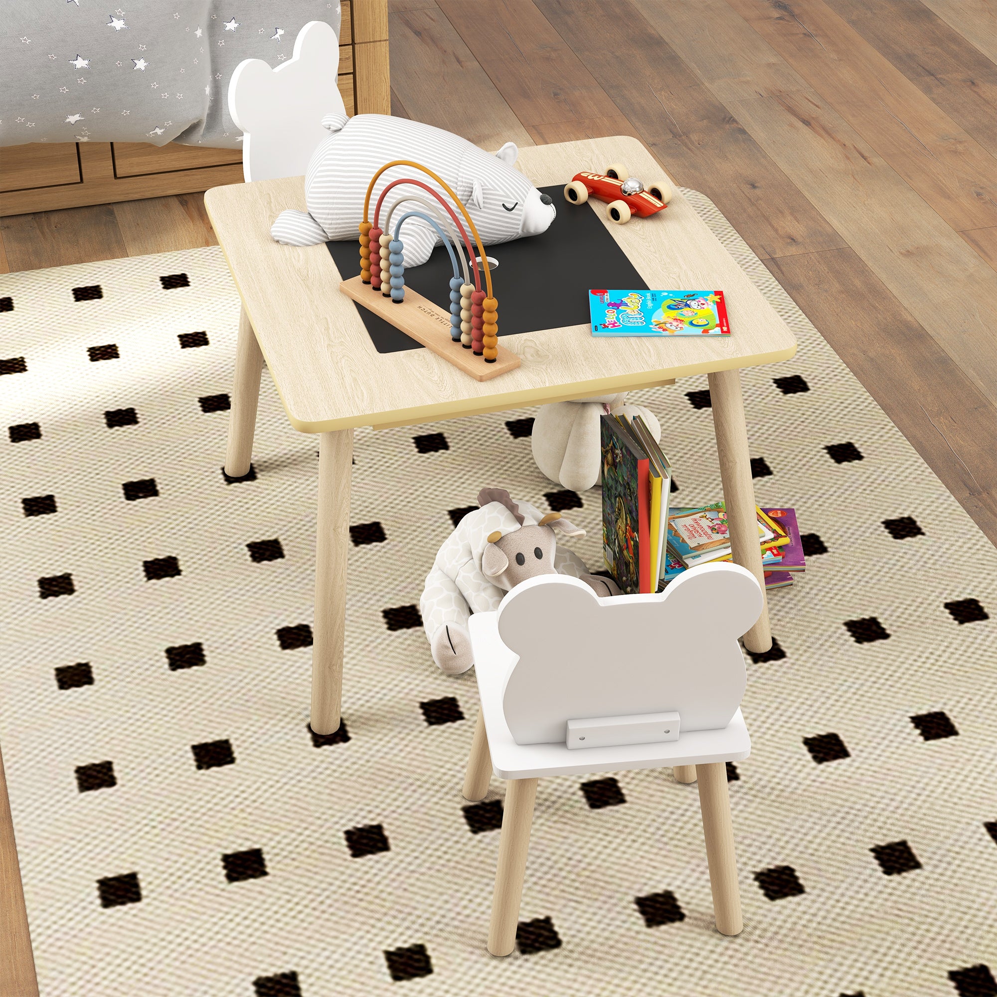 Kids' Table with 2 Chairs — Children's Seating Set with Storage, Flip & Removable Tabletop, Bear-Back Chairs, Natural Wood (Ages 3–6)