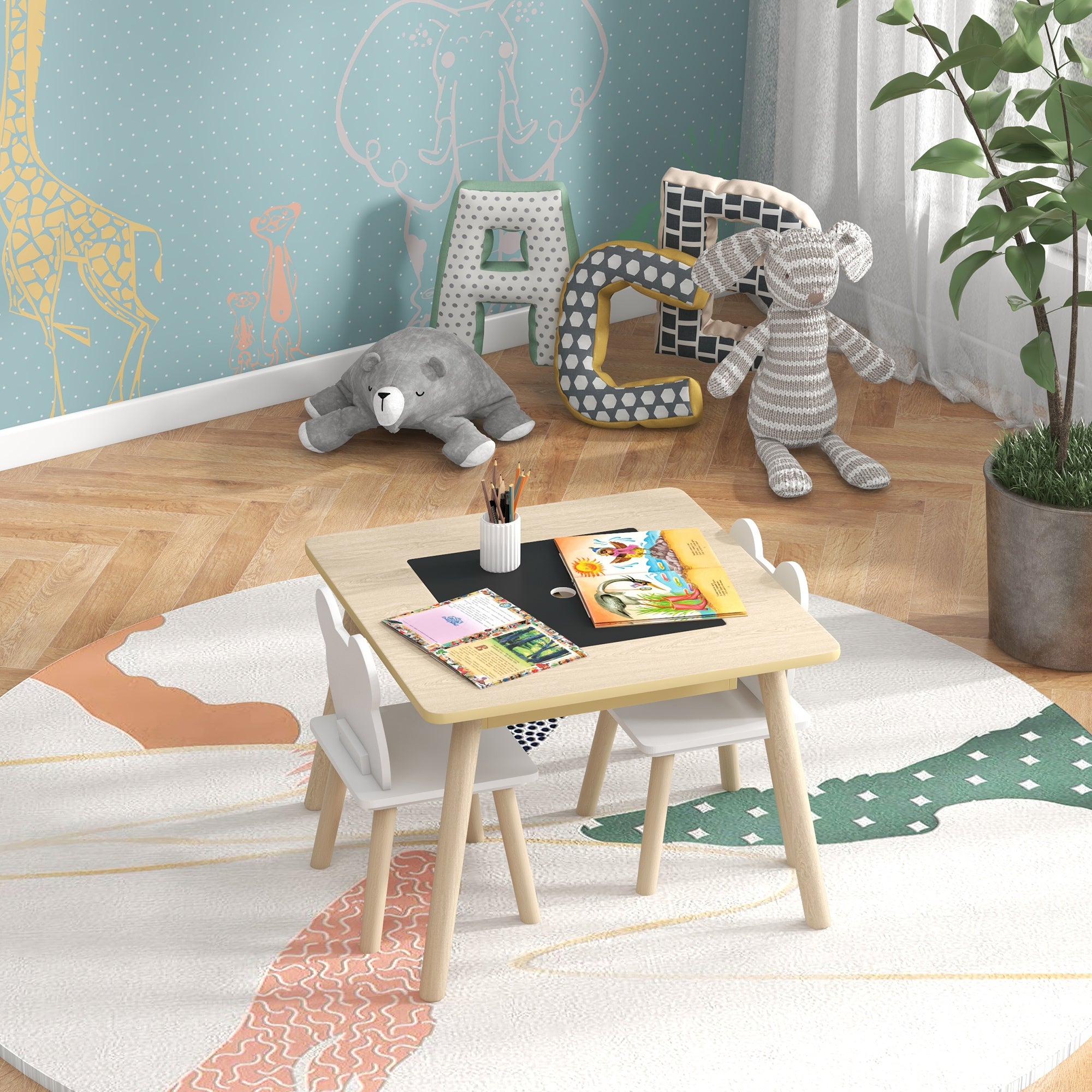 Kids' Table with 2 Chairs — Children's Seating Set with Storage, Flip & Removable Tabletop, Bear-Back Chairs, Natural Wood (Ages 3–6)