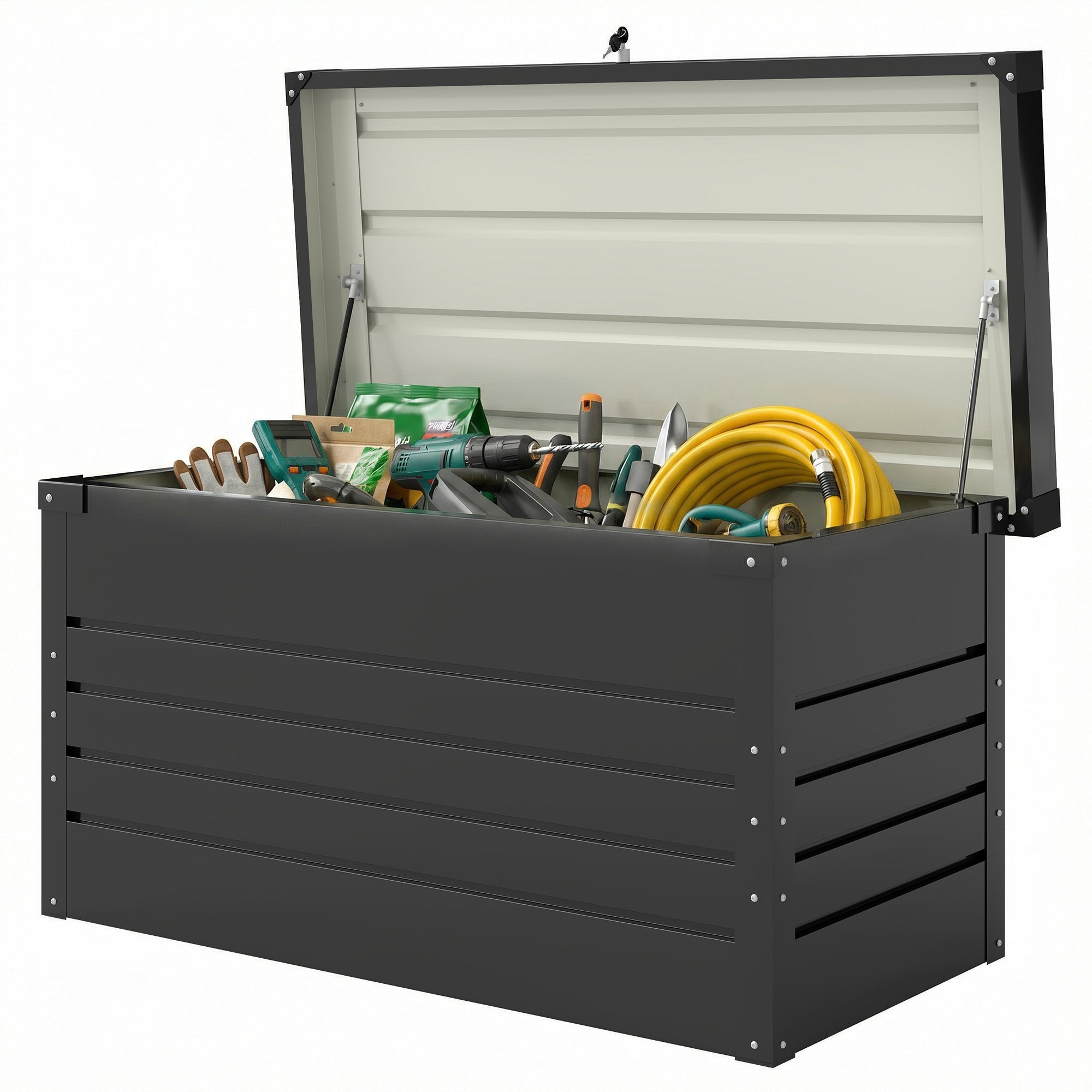 450L Metal Garden Storage Box — Lockable, Water-Resistant Cushion Chest with Double-Wall Lid & Gloves, 47.2×24.0×24.4 in (120×61×62 cm), Gray