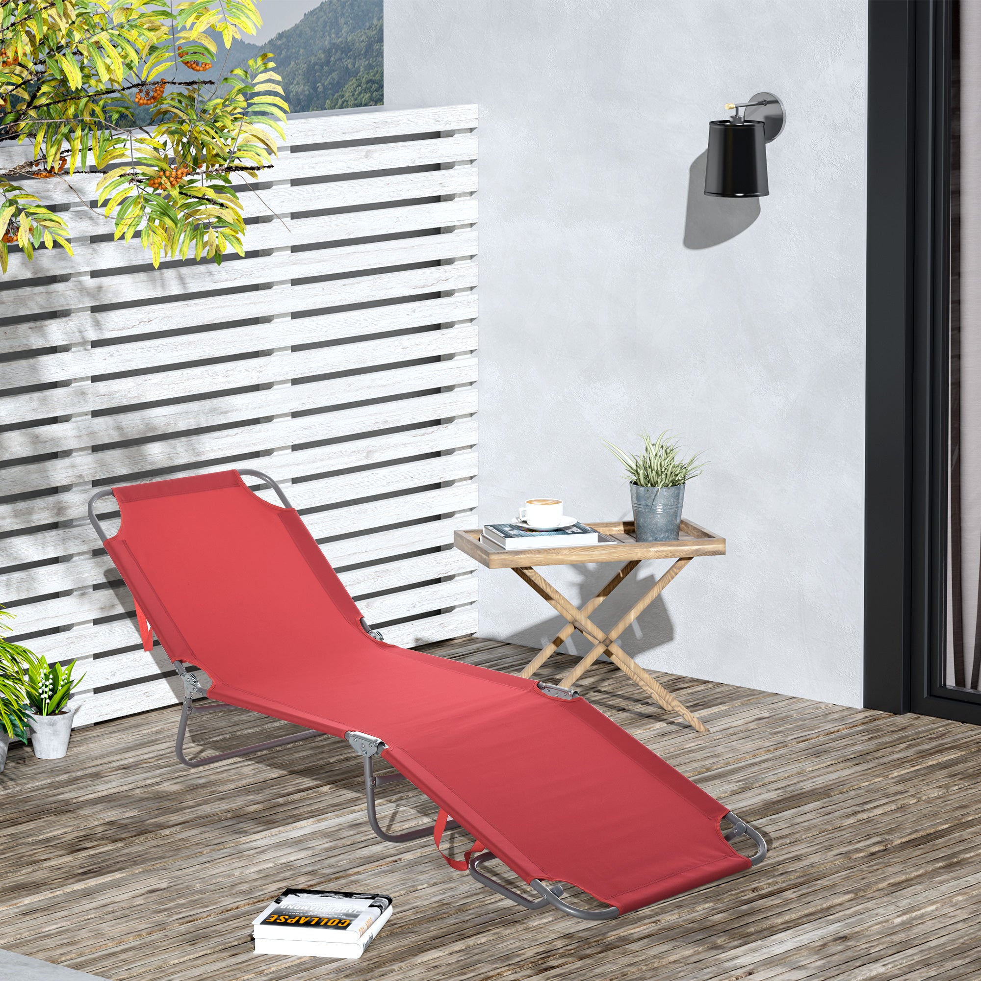Foldable Sun Lounger Garden Lounger, Lounger Chair with 5-Position Adjustable Backrest, Weatherproof Camping Lounger, Garden Chair up to 120 kg load capacity, for Garden Holiday Outdoor Beach Pool, Burgundy