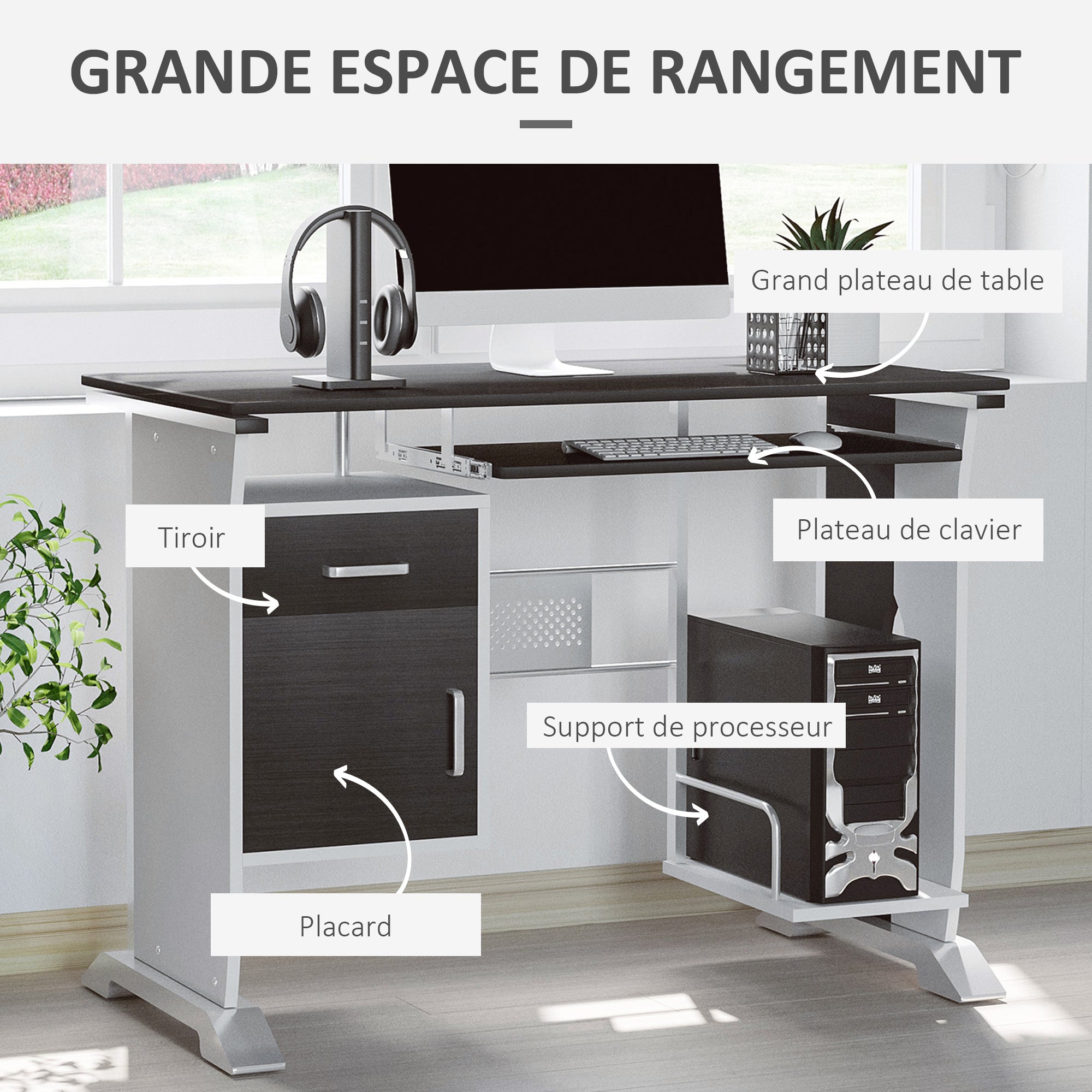 Contemporary Computer Desk 100L x 52W x 75H cm Black Walnut and White