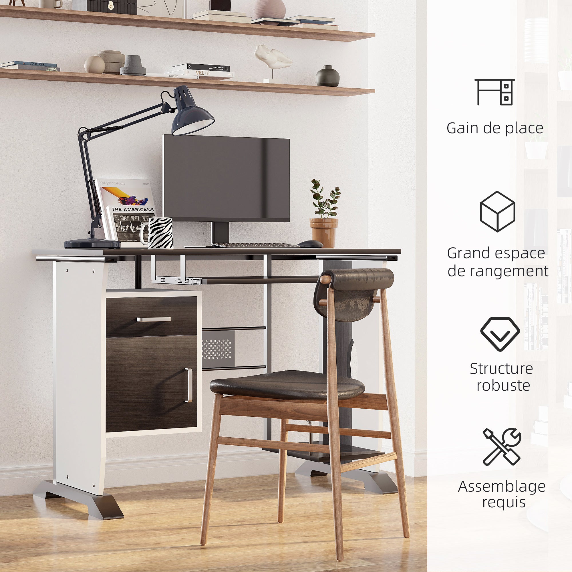 Contemporary Computer Desk 100L x 52W x 75H cm Black Walnut and White