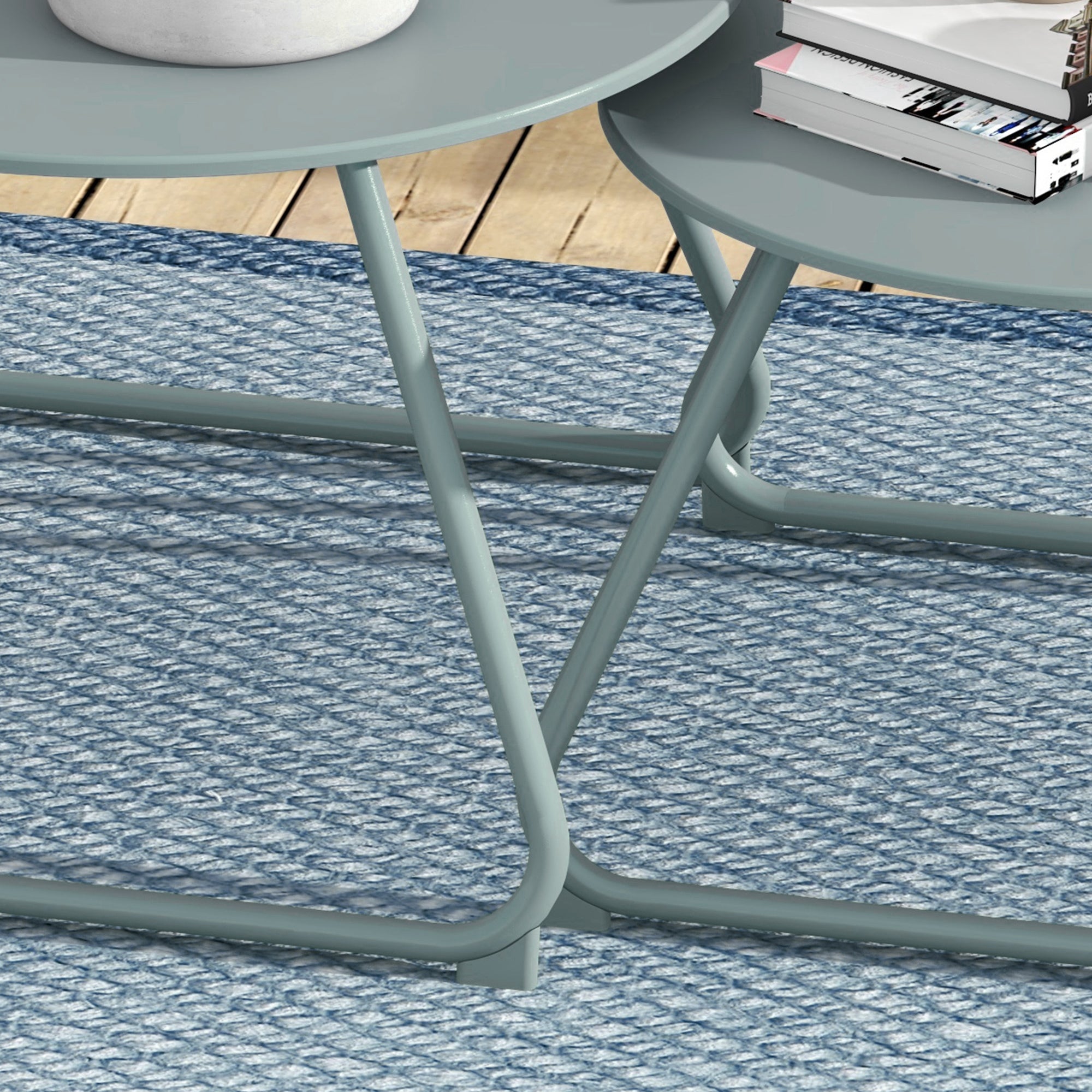 Set of 2 Stackable Garden Tables Round Metal Outdoor Side Tables with Blue Epoxy Anticorrosive Coating for Balcony Terrace Patio Blue