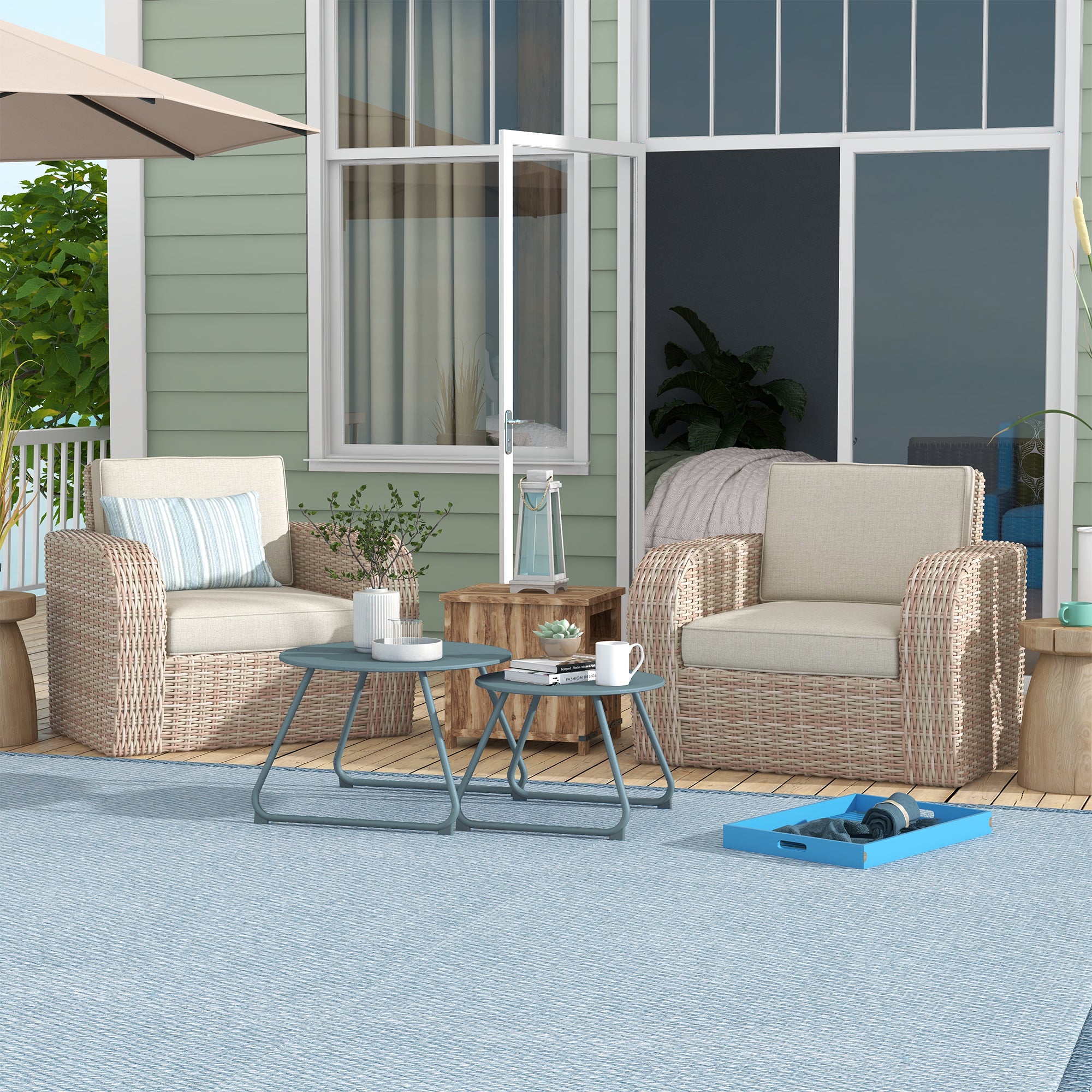 Set of 2 Stackable Garden Tables Round Metal Outdoor Side Tables with Blue Epoxy Anticorrosive Coating for Balcony Terrace Patio Blue