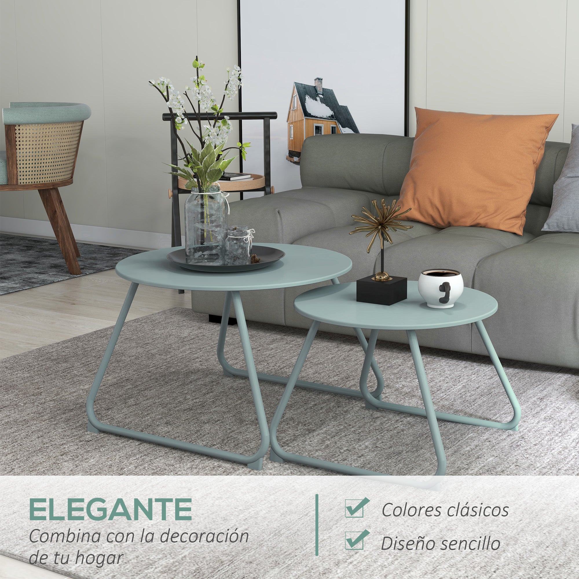 Set of 2 Stackable Garden Tables Round Metal Outdoor Side Tables with Blue Epoxy Anticorrosive Coating for Balcony Terrace Patio Blue