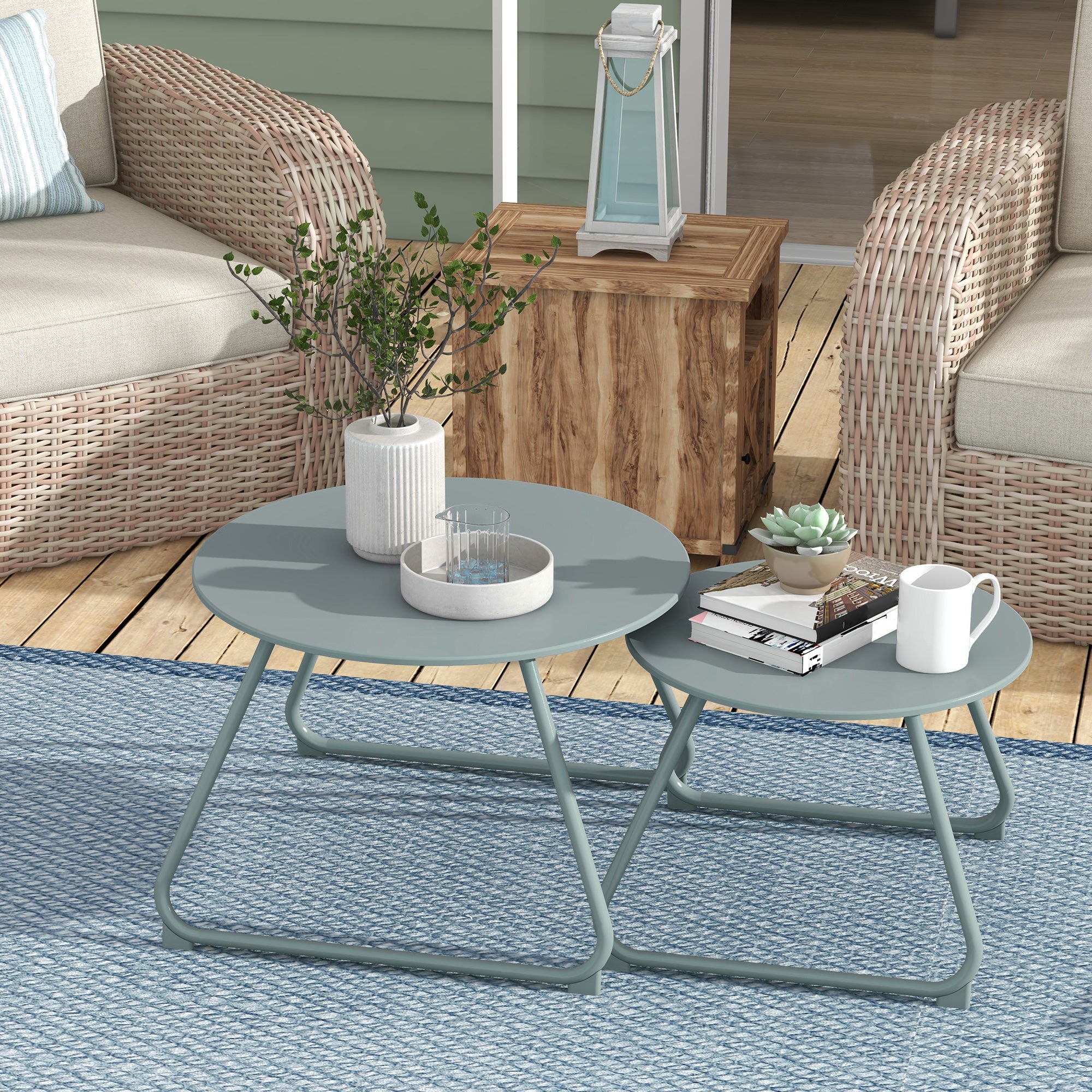 Set of 2 Stackable Garden Tables Round Metal Outdoor Side Tables with Blue Epoxy Anticorrosive Coating for Balcony Terrace Patio Blue