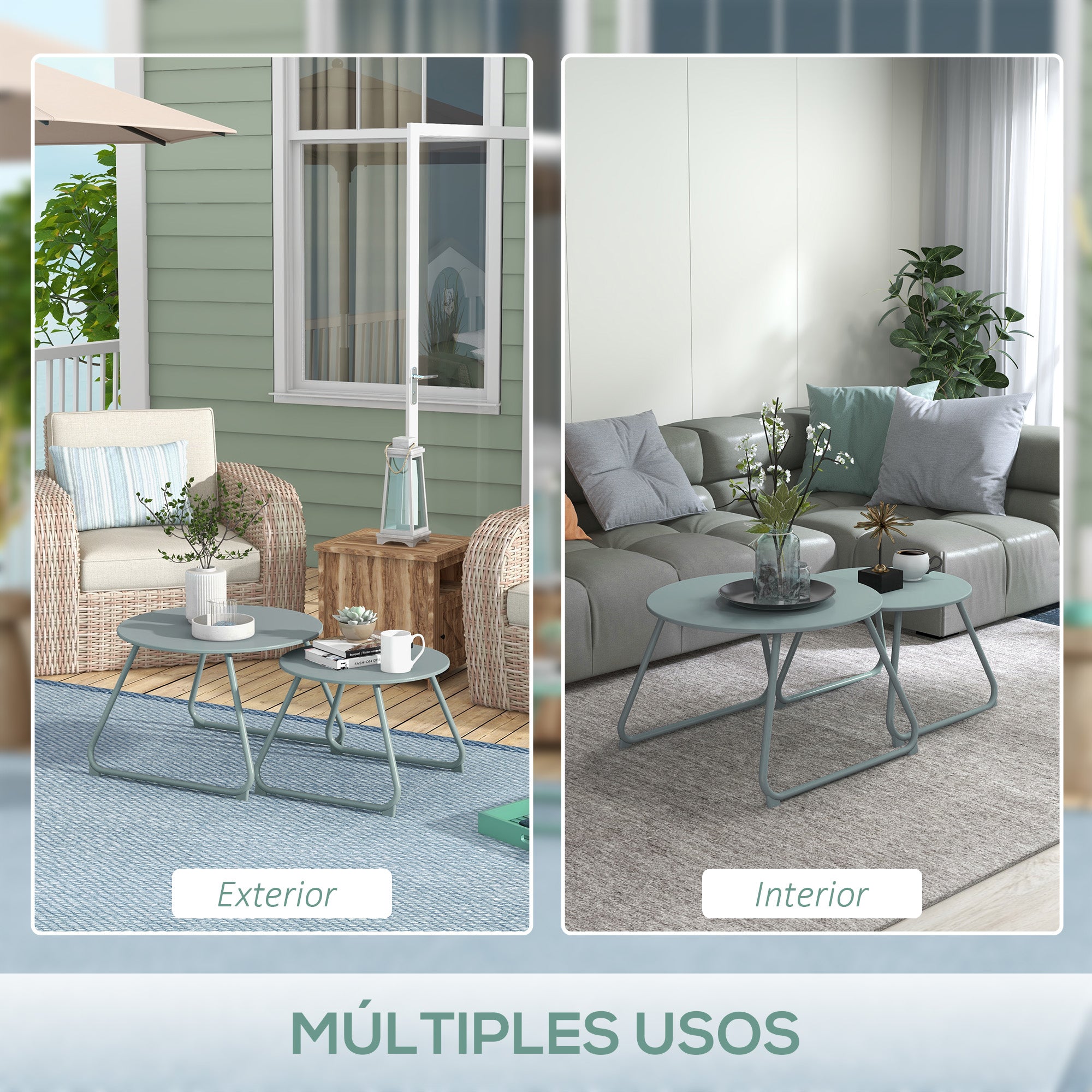 Set of 2 Stackable Garden Tables Round Metal Outdoor Side Tables with Blue Epoxy Anticorrosive Coating for Balcony Terrace Patio Blue