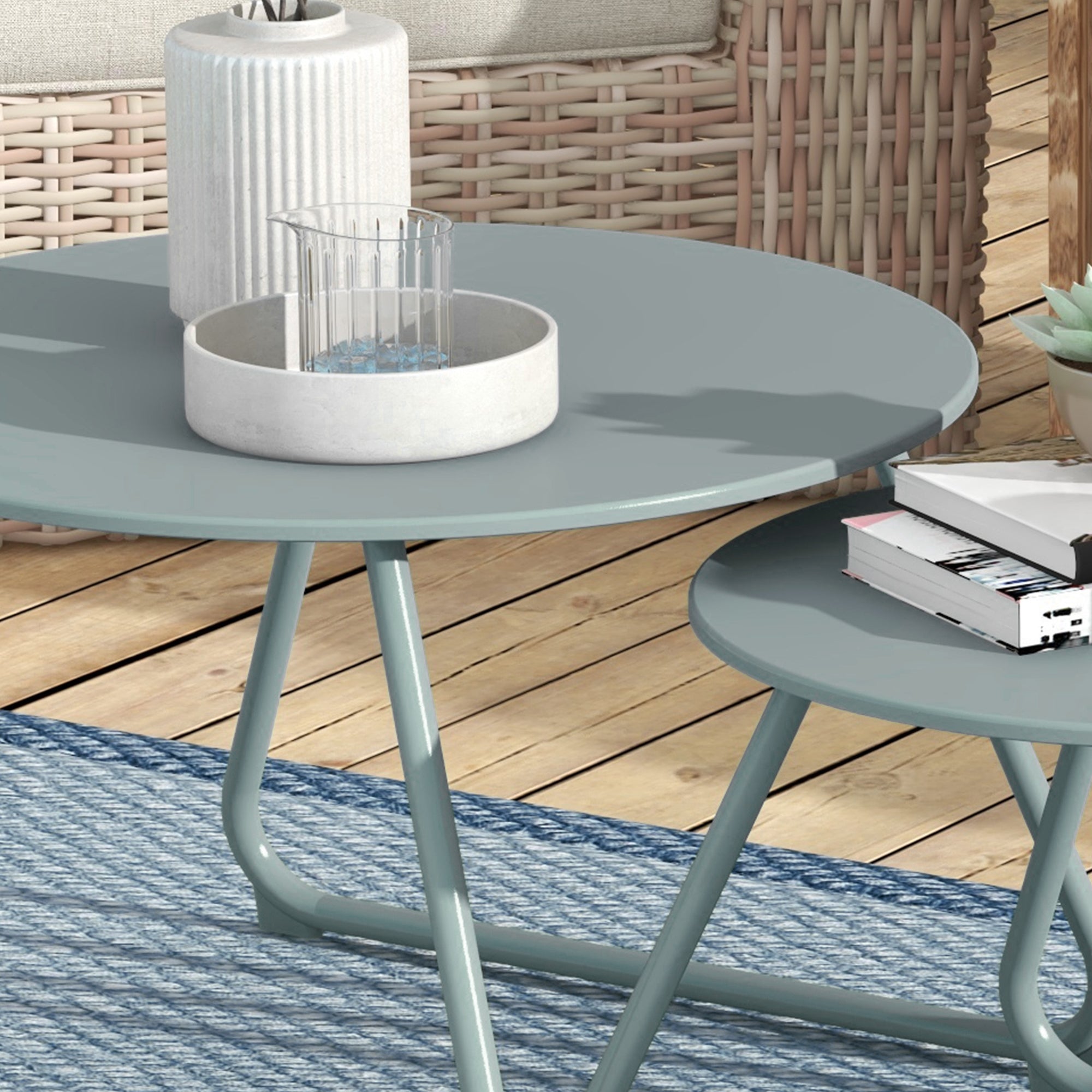 Set of 2 Stackable Garden Tables Round Metal Outdoor Side Tables with Blue Epoxy Anticorrosive Coating for Balcony Terrace Patio Blue