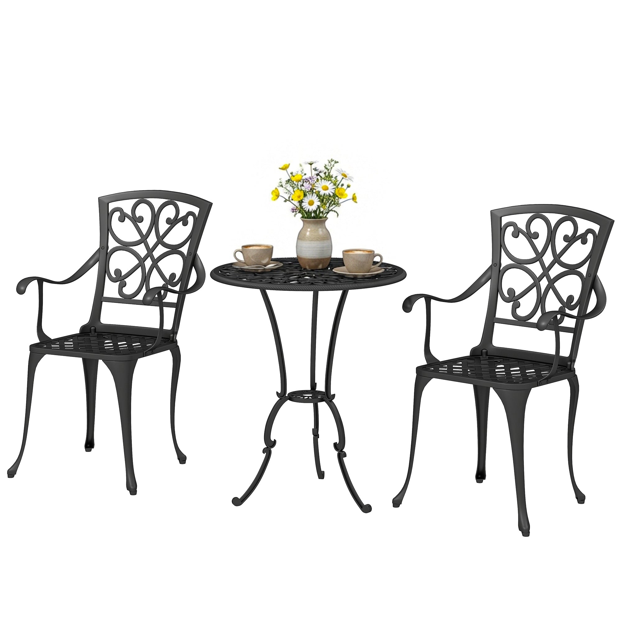 3-Piece Round Bistro Set with 2 Chairs — Die-Cast Aluminum Patio Bistro Table with Umbrella Hole, Antique-Style Black