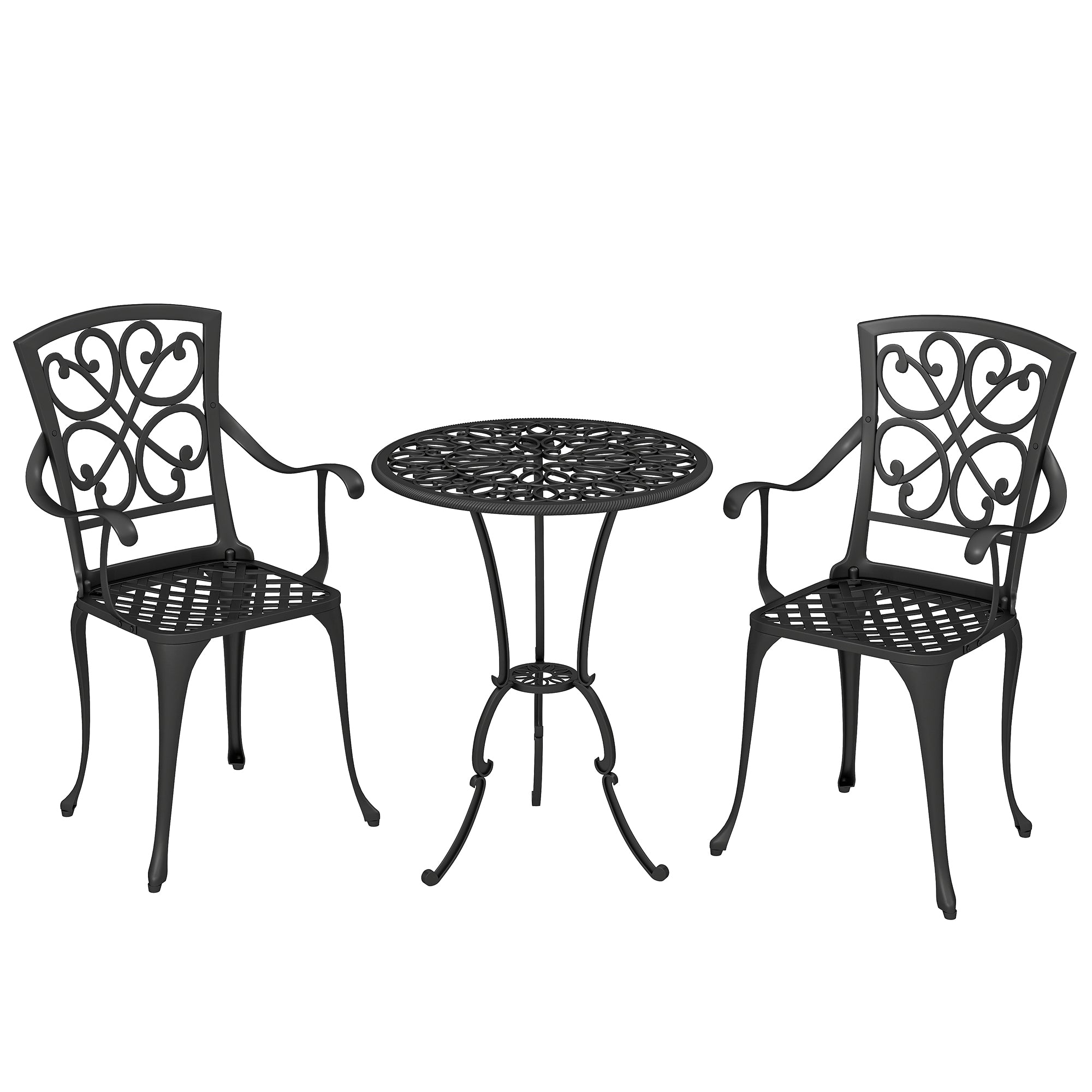 3-Piece Round Bistro Set with 2 Chairs — Die-Cast Aluminum Patio Bistro Table with Umbrella Hole, Antique-Style Black