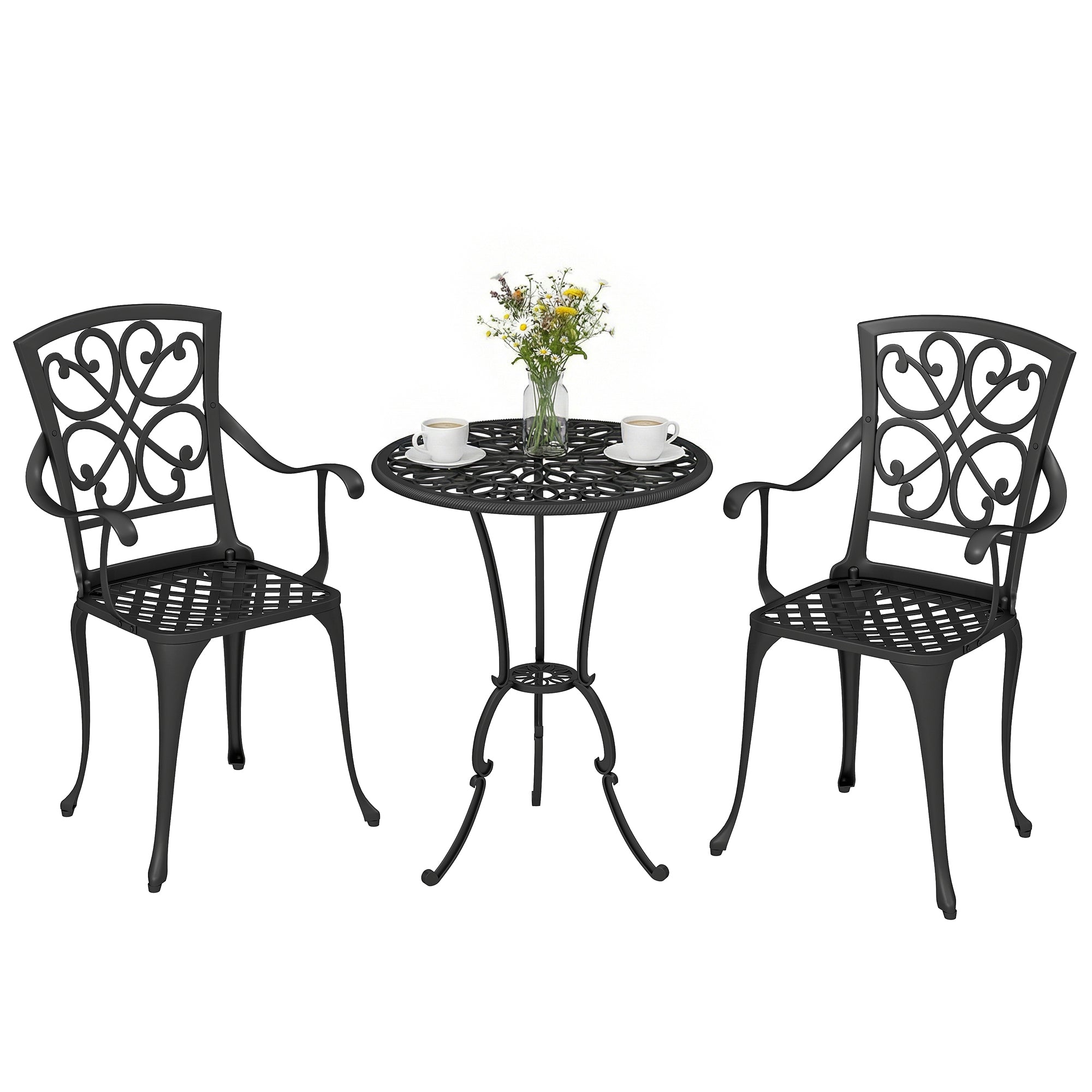 3-Piece Round Bistro Set with 2 Chairs — Die-Cast Aluminum Patio Bistro Table with Umbrella Hole, Antique-Style Black