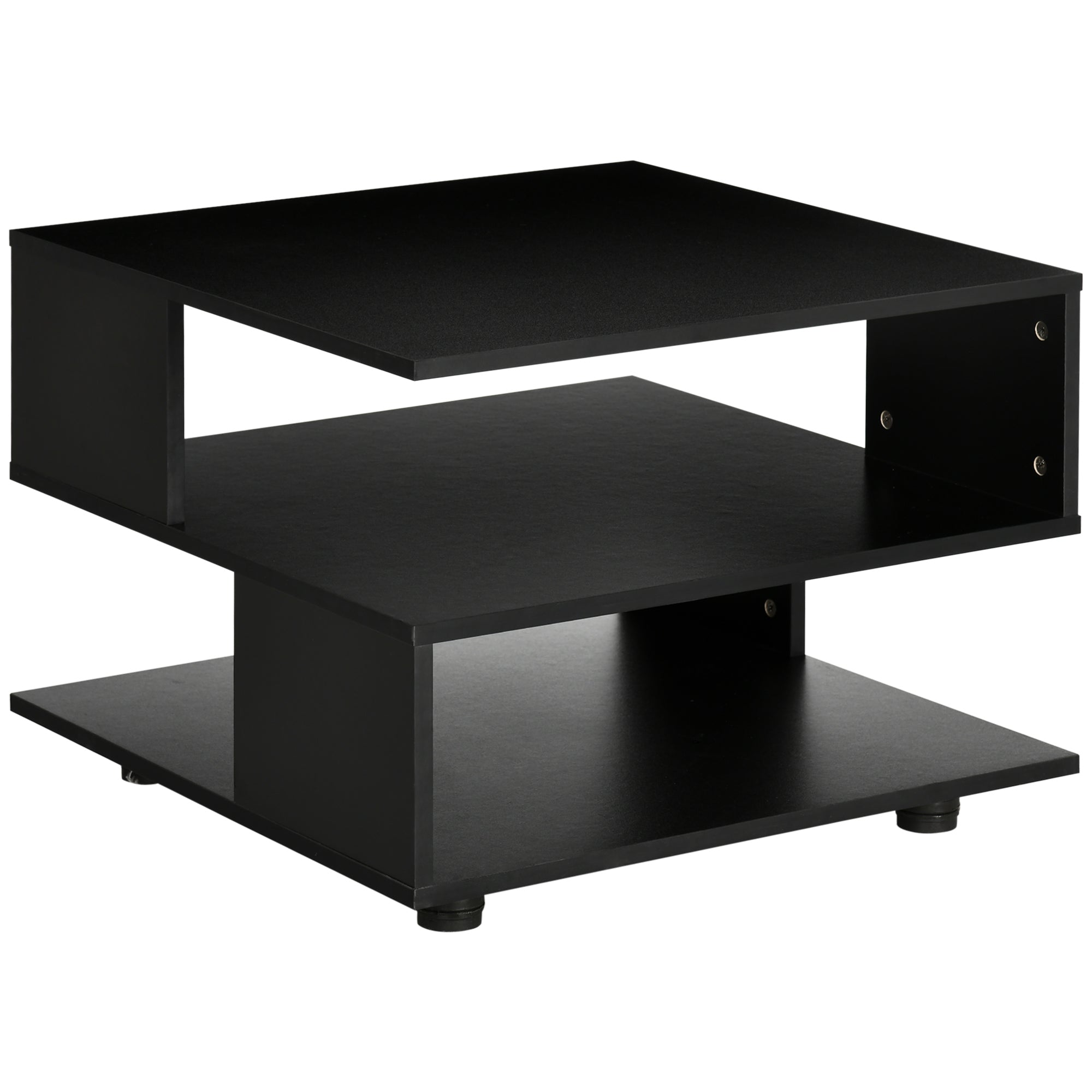 Asymmetrical Coffee Table with Shelves, Square Wooden Living Room Table with Adjustable Feet, 60x60x45cm, Black