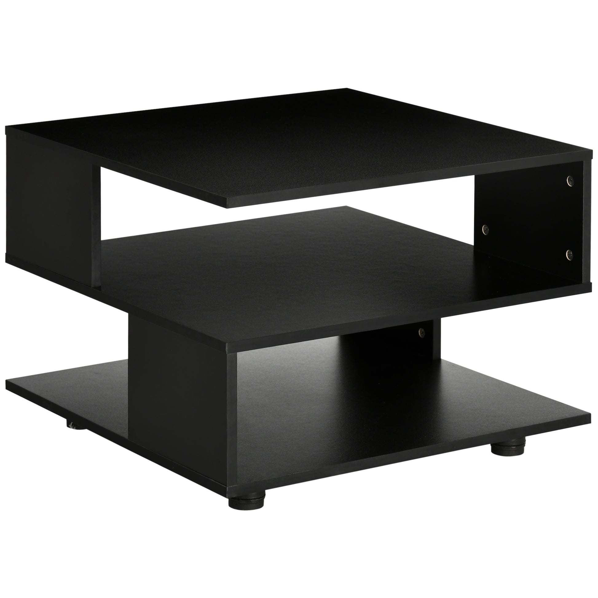 Asymmetrical Coffee Table with Shelves, Square Wooden Living Room Table with Adjustable Feet, 60x60x45cm, Black