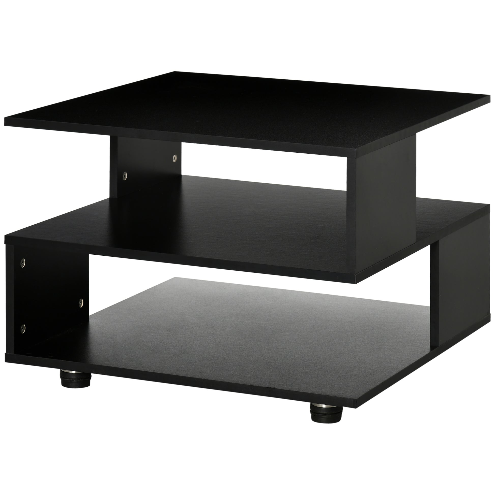 Asymmetrical Coffee Table with Shelves, Square Wooden Living Room Table with Adjustable Feet, 60x60x45cm, Black