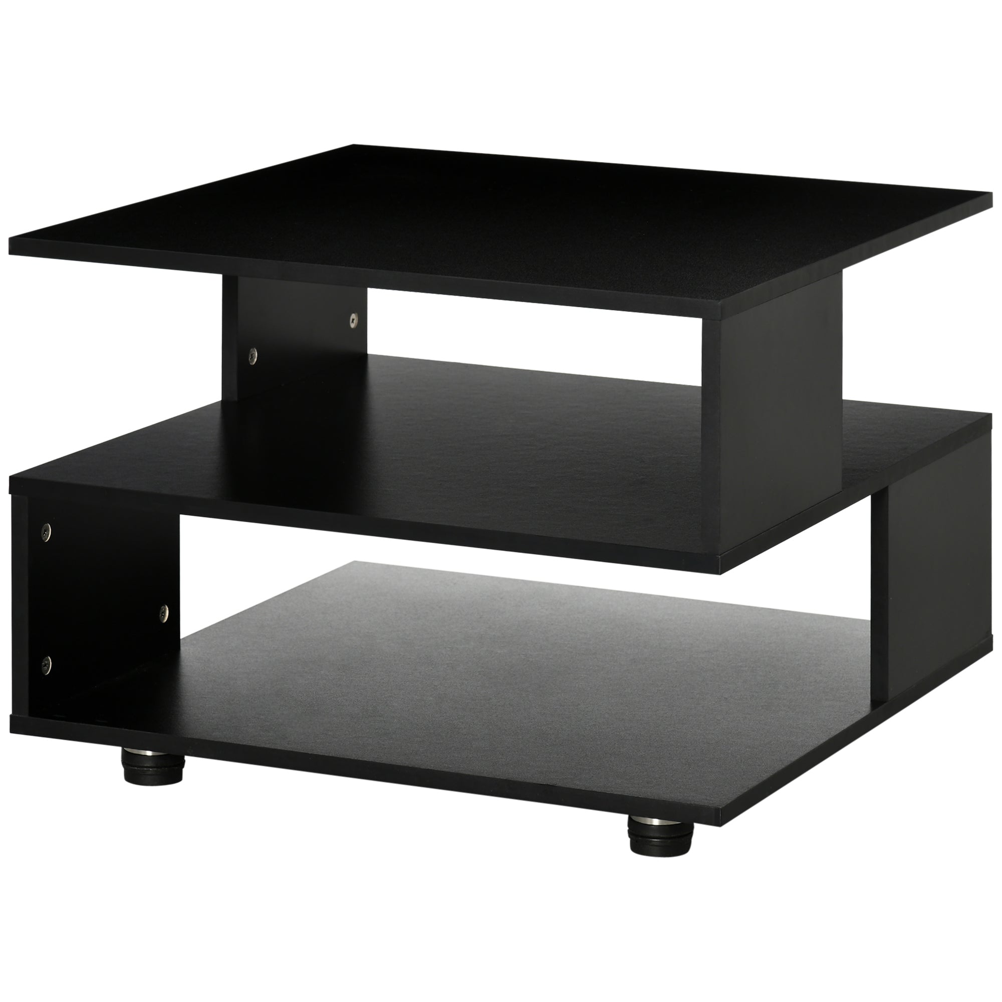 Asymmetrical Coffee Table with Shelves, Square Wooden Living Room Table with Adjustable Feet, 60x60x45cm, Black