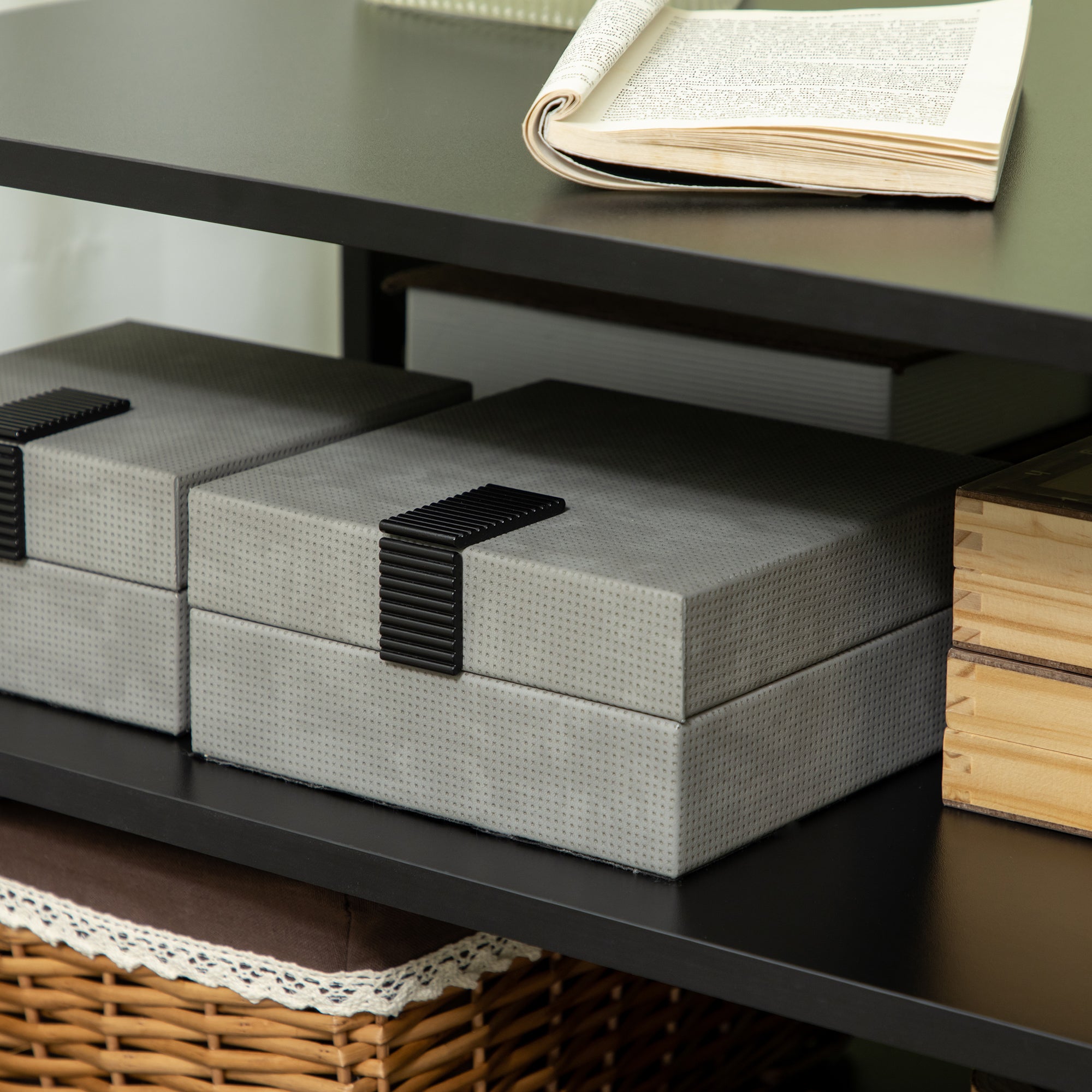 Asymmetrical Coffee Table with Shelves, Square Wooden Living Room Table with Adjustable Feet, 60x60x45cm, Black