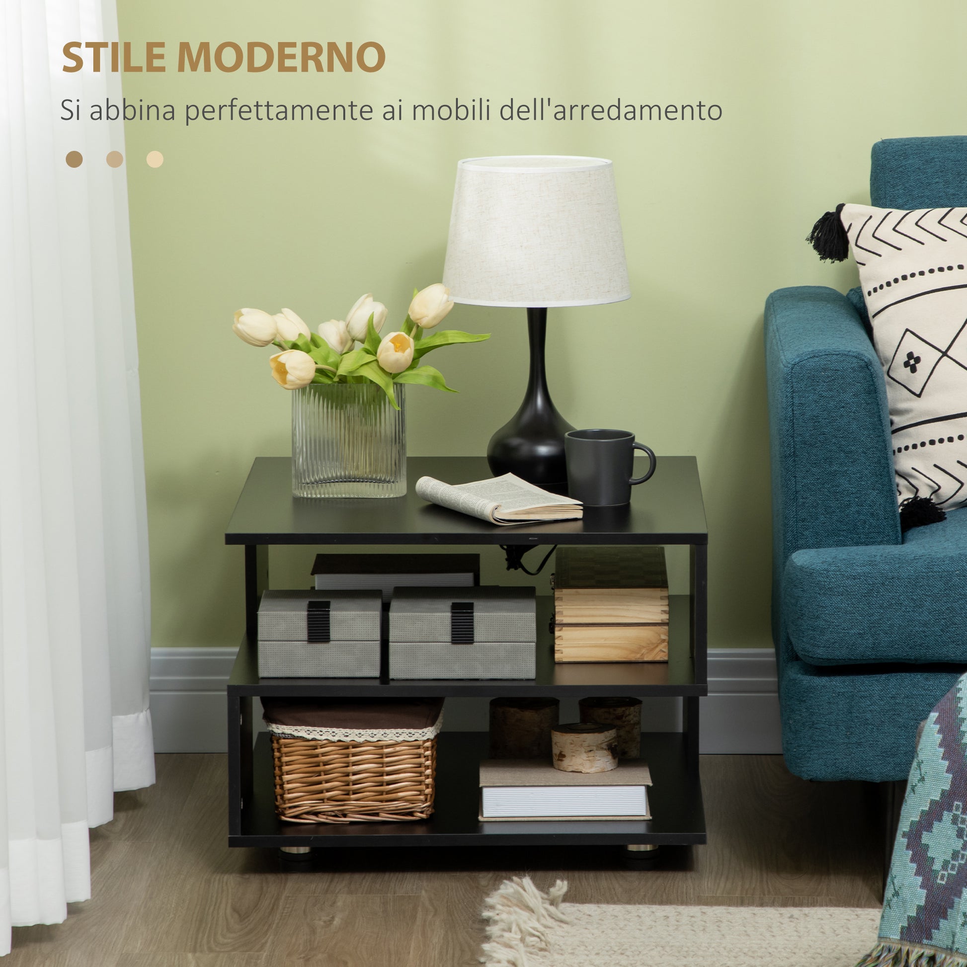 Asymmetrical Coffee Table with Shelves, Square Wooden Living Room Table with Adjustable Feet, 60x60x45cm, Black