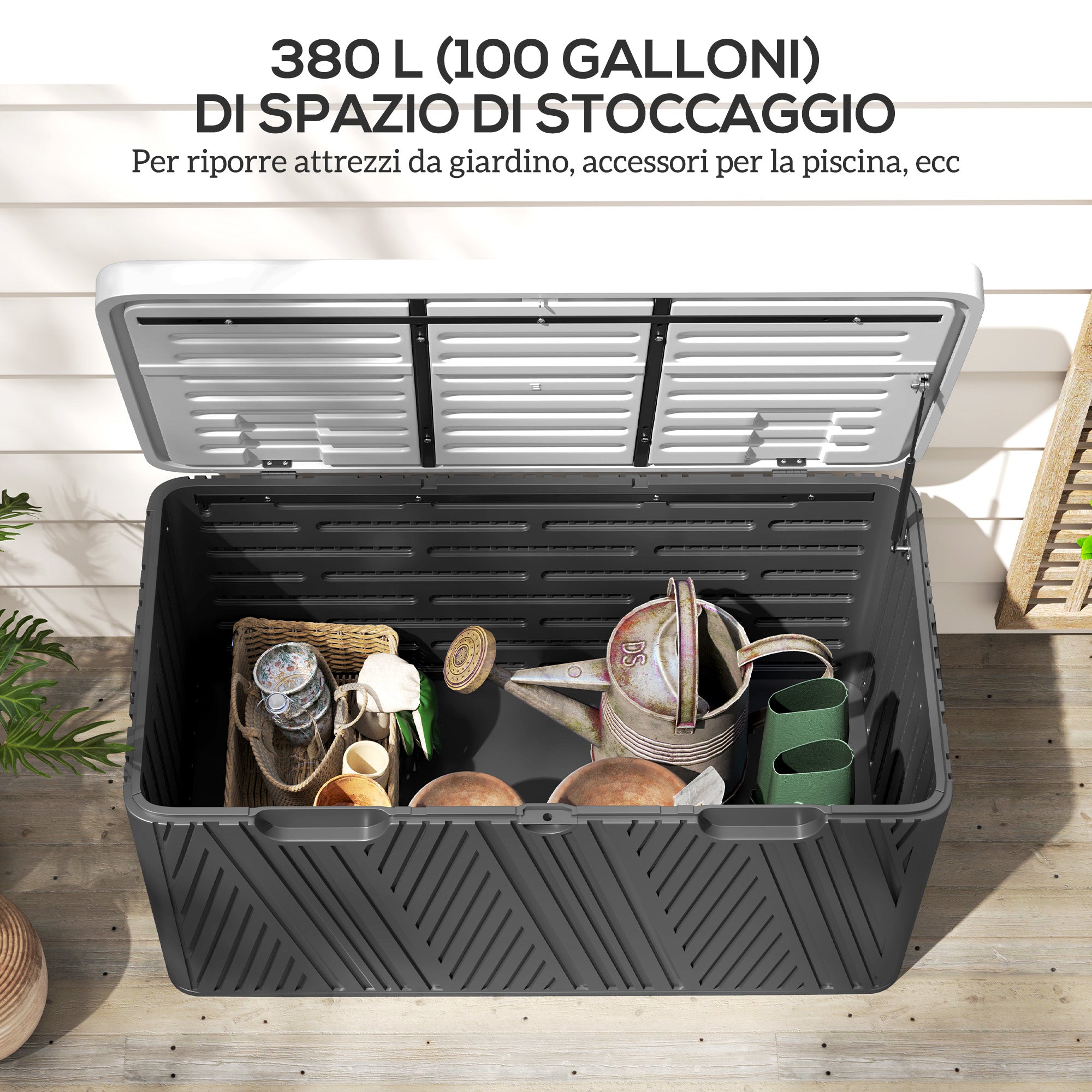 380L Outdoor Storage Box with Gas Strut Lid and 2 Side Handles, Waterproof HDPE Outdoor Storage Bench, UV Protection, 115x60x60 cm, Black and Gray