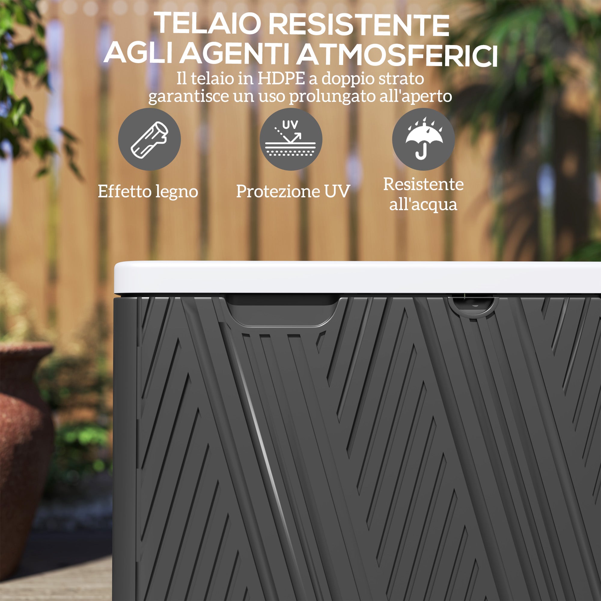 380L Outdoor Storage Box with Gas Strut Lid and 2 Side Handles, Waterproof HDPE Outdoor Storage Bench, UV Protection, 115x60x60 cm, Black and Gray