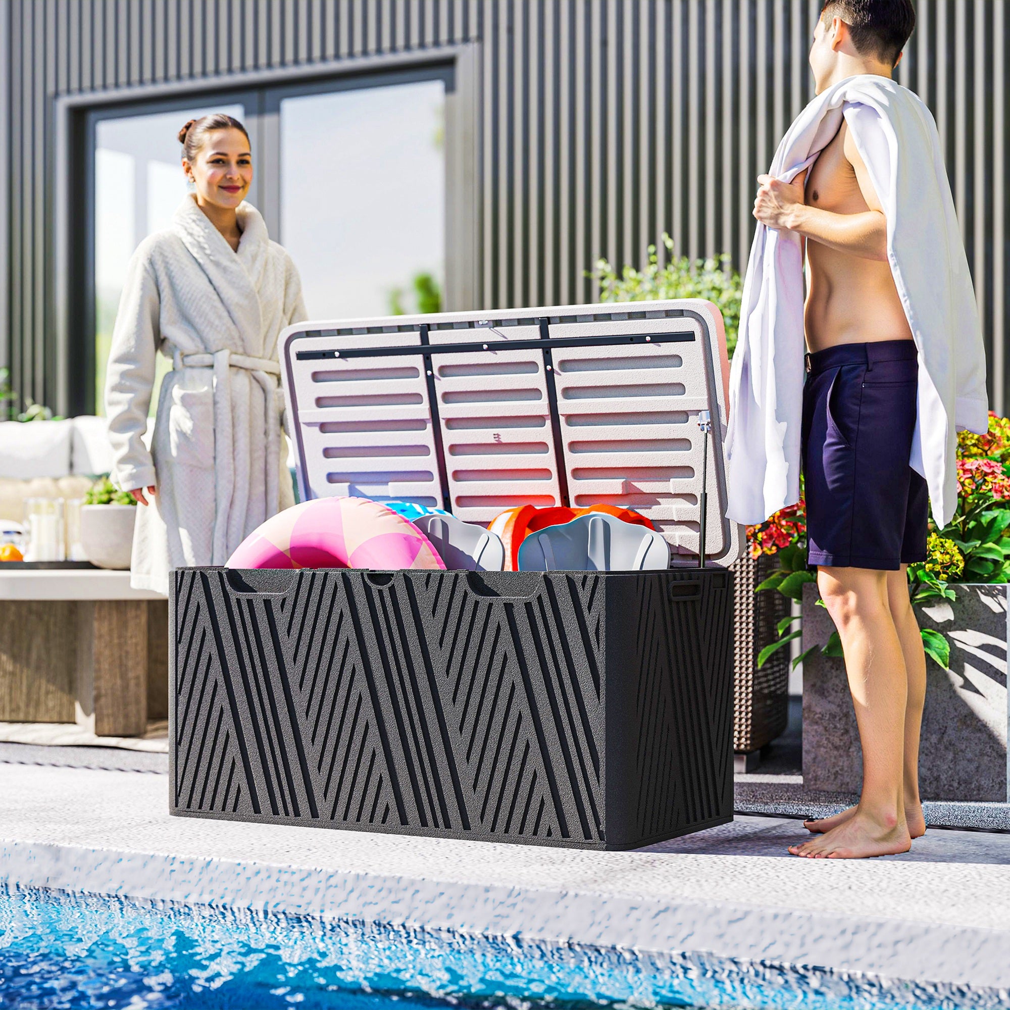 380L Outdoor Storage Box with Gas Strut Lid and 2 Side Handles, Waterproof HDPE Outdoor Storage Bench, UV Protection, 115x60x60 cm, Black and Gray