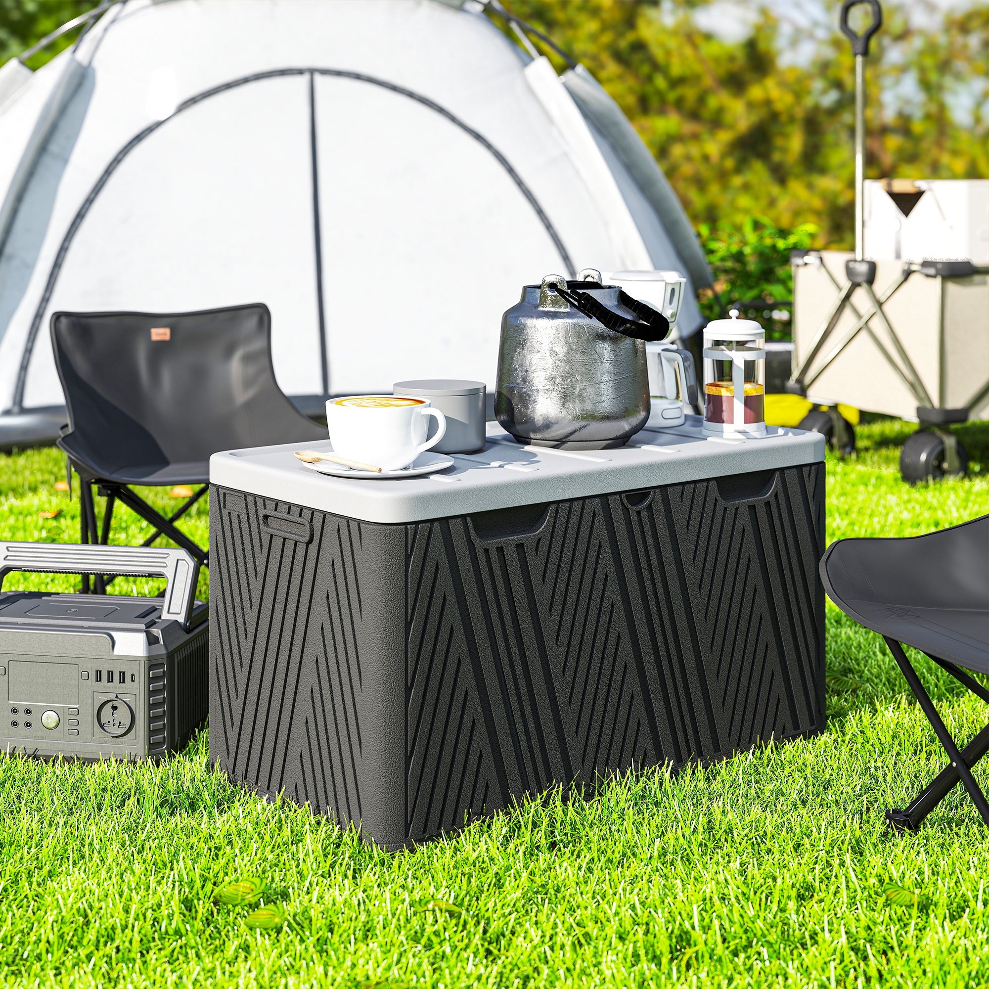 380L Outdoor Storage Box with Gas Strut Lid and 2 Side Handles, Waterproof HDPE Outdoor Storage Bench, UV Protection, 115x60x60 cm, Black and Gray