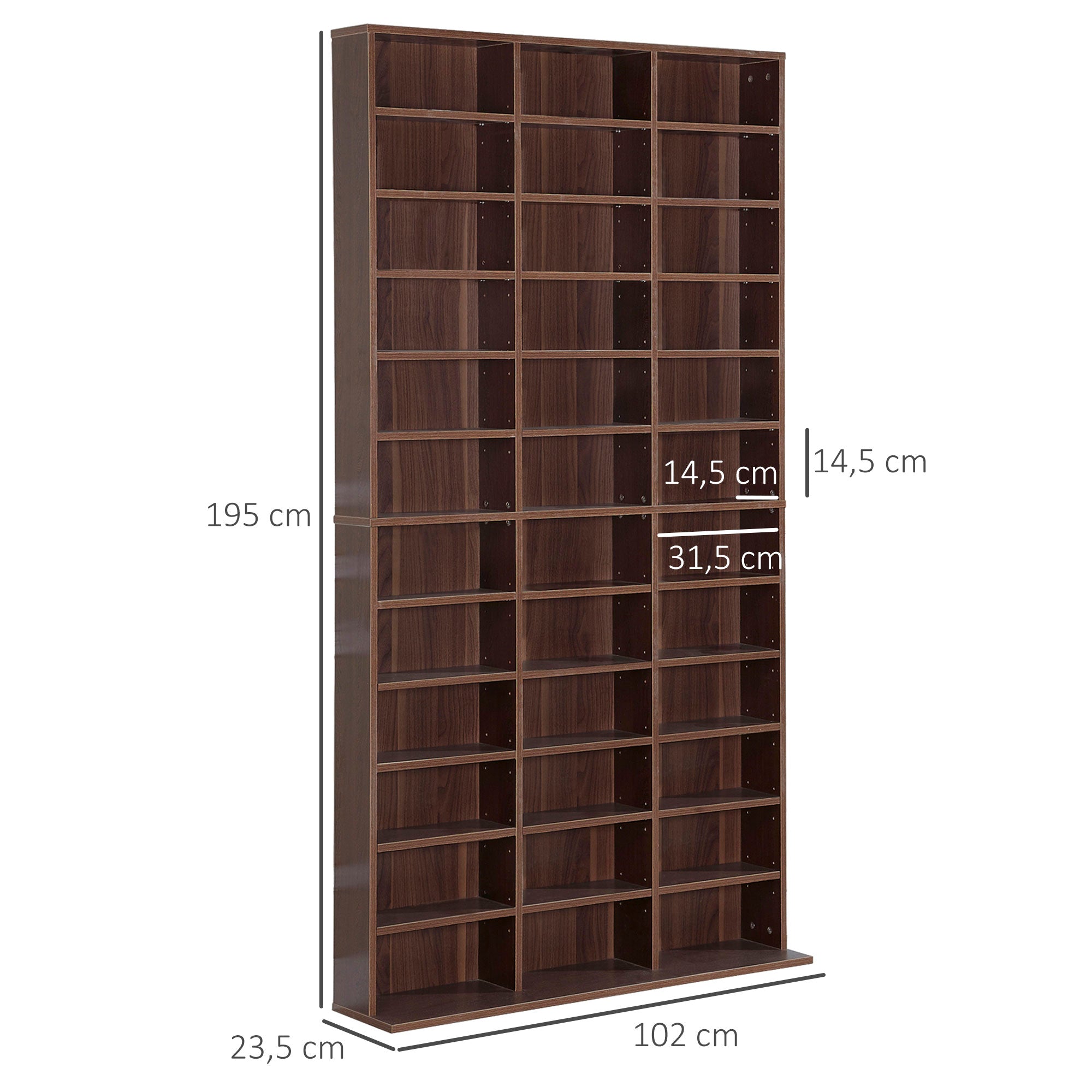 CD/DVD Storage Shelf Storage Unit for 1116 CDs 36 Height-Adjustable Compartments 102 x 24 x 195 cm Brown