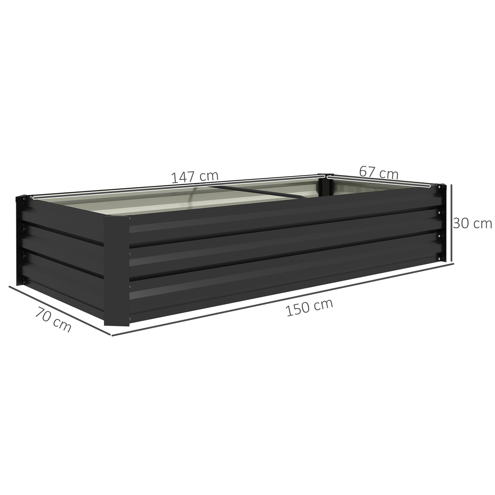 Rectangular Garden Planting Box made of Steel with Safety Edge and Open Bottom, Dimensions 150L x 70W x 30H cm, Black