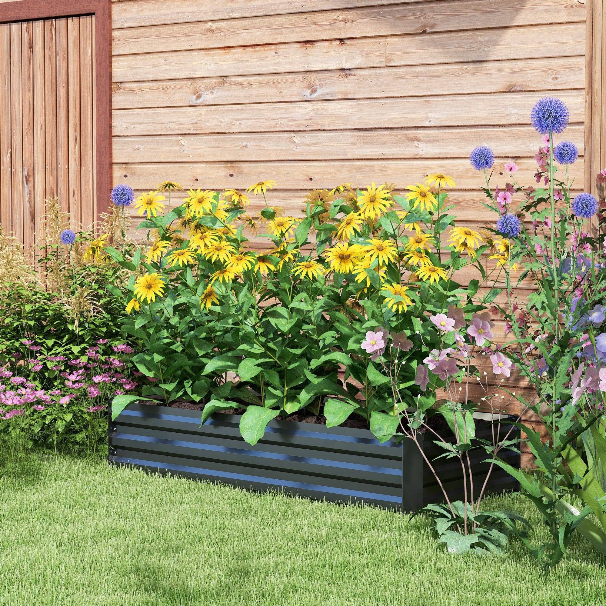 Rectangular Garden Planting Box made of Steel with Safety Edge and Open Bottom, Dimensions 150L x 70W x 30H cm, Black