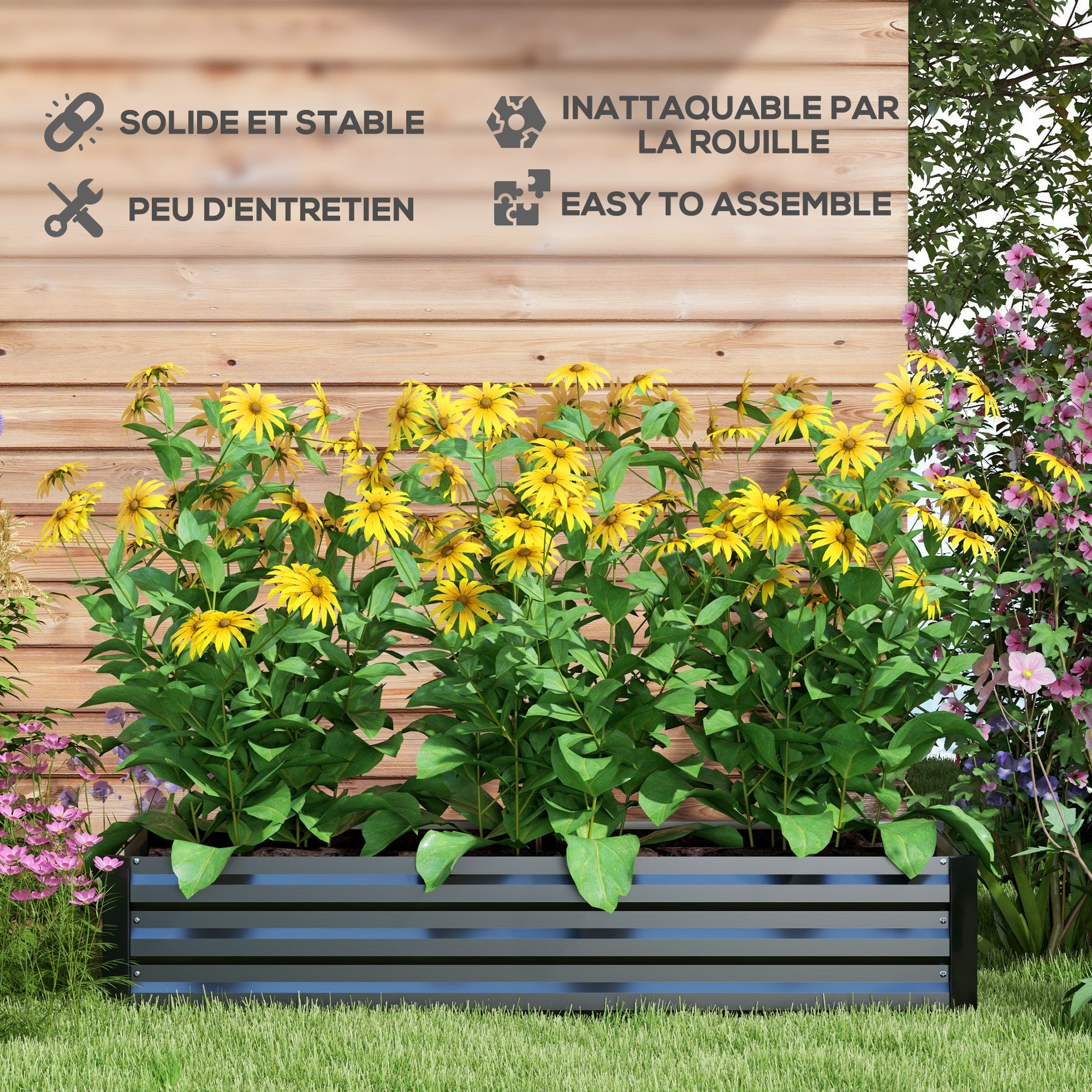 Rectangular Garden Planting Box made of Steel with Safety Edge and Open Bottom, Dimensions 150L x 70W x 30H cm, Black