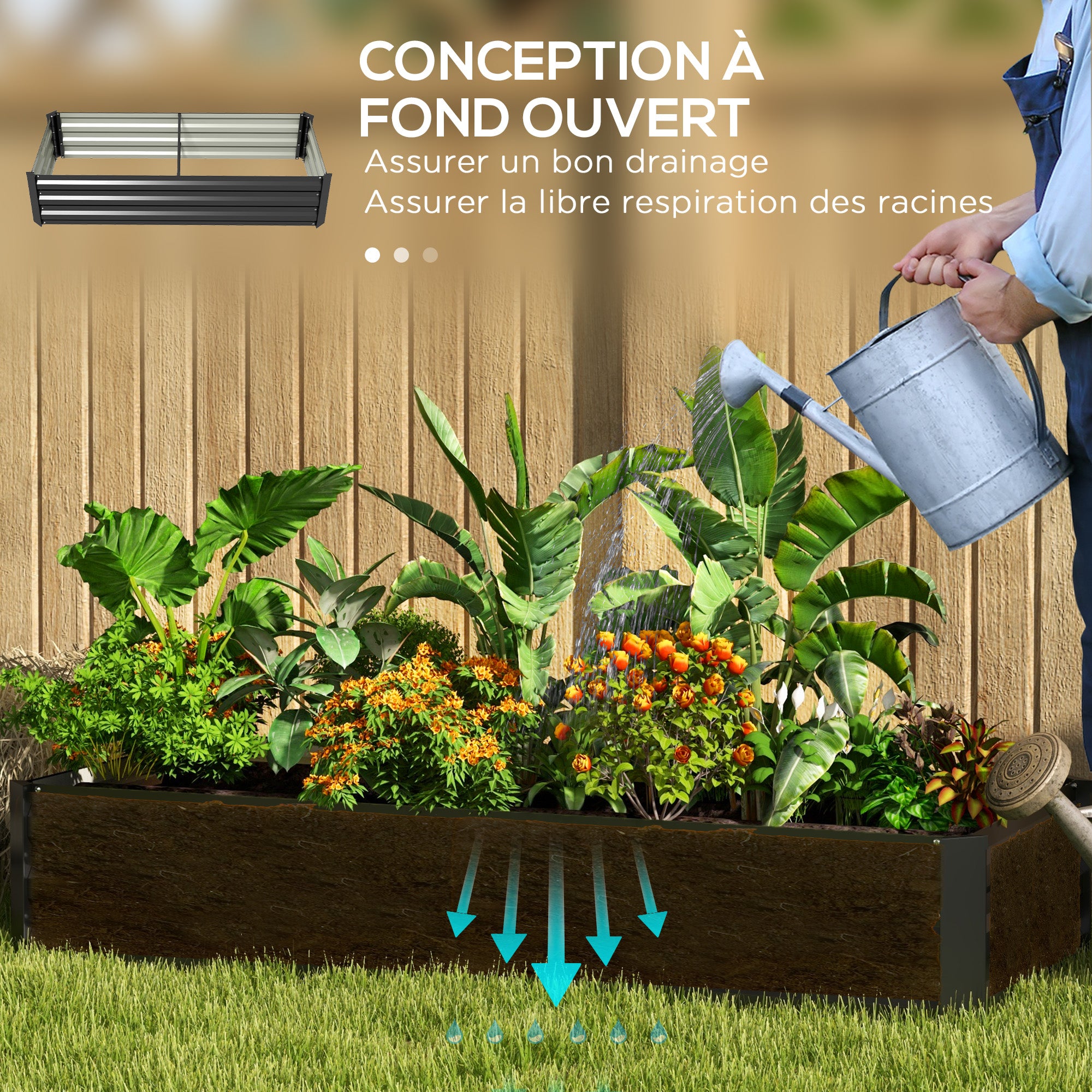 Rectangular Garden Planting Box made of Steel with Safety Edge and Open Bottom, Dimensions 150L x 70W x 30H cm, Black