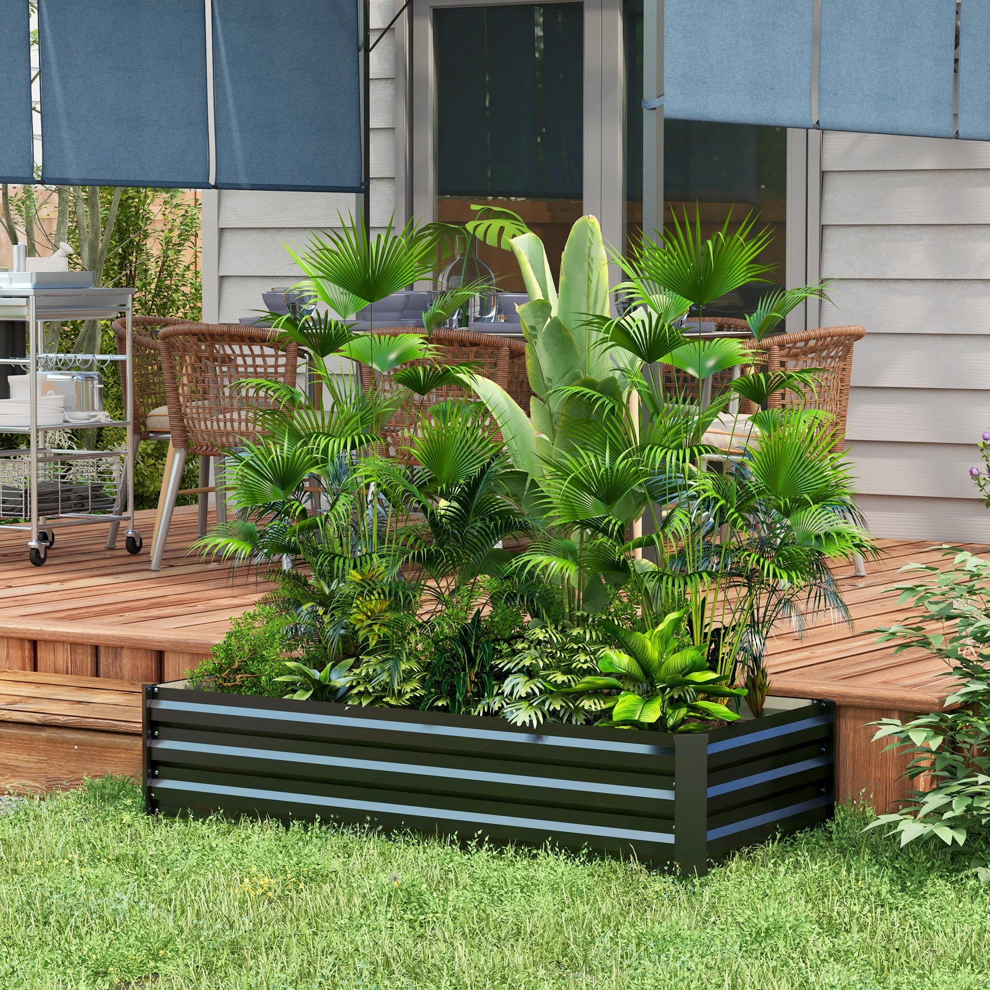 Rectangular Garden Planting Box made of Steel with Safety Edge and Open Bottom, Dimensions 150L x 70W x 30H cm, Black